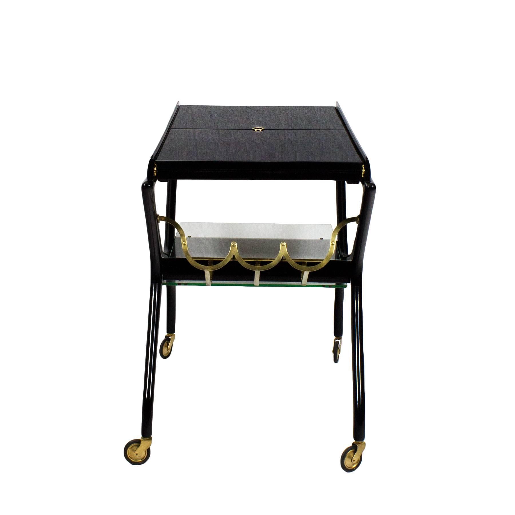 Stained 1950s Bar Cart Attributed to Cesare Lacca, Extensions, Mahogany, Brass, Italy