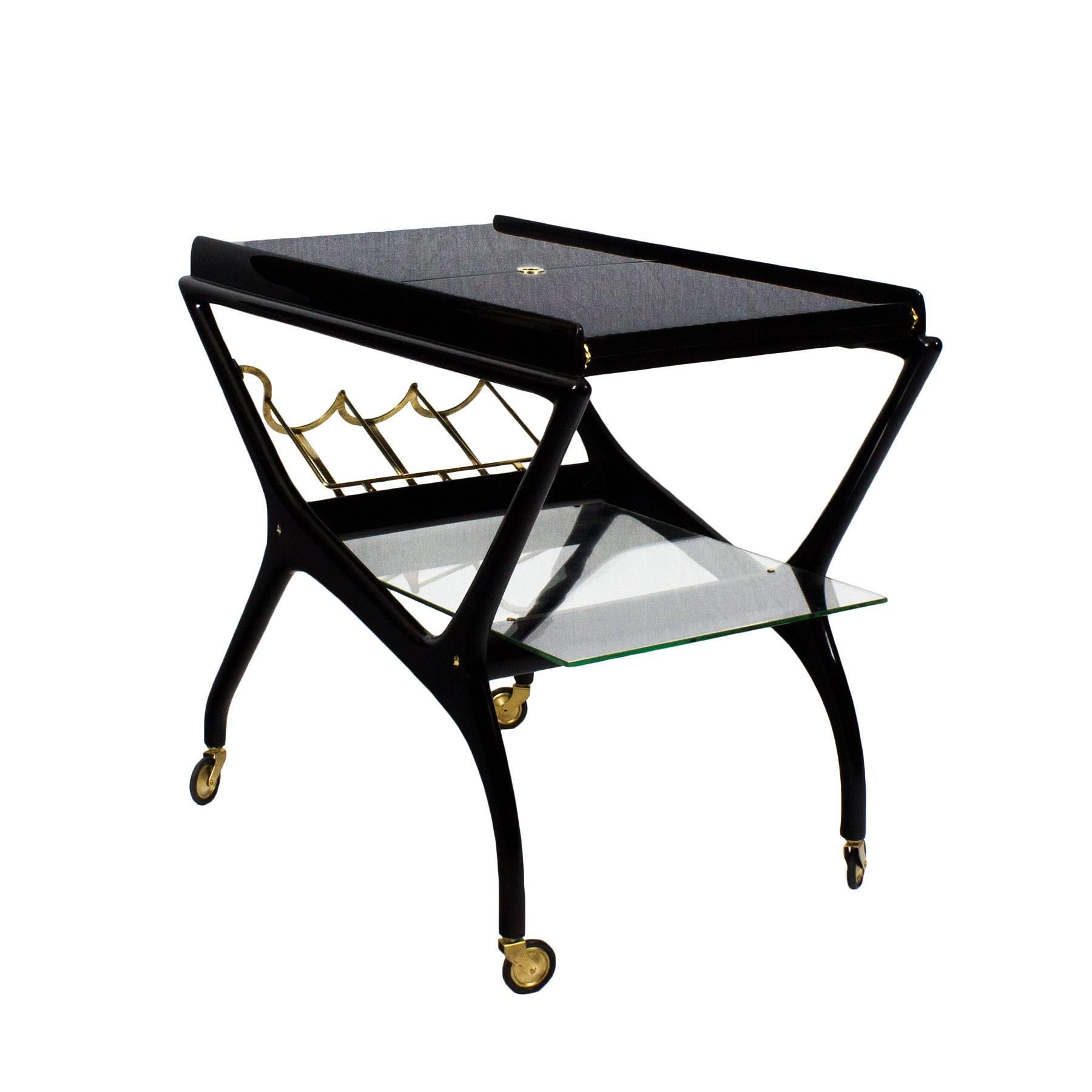 1950s Bar Cart Attributed to Cesare Lacca, Extensions, Mahogany, Brass, Italy