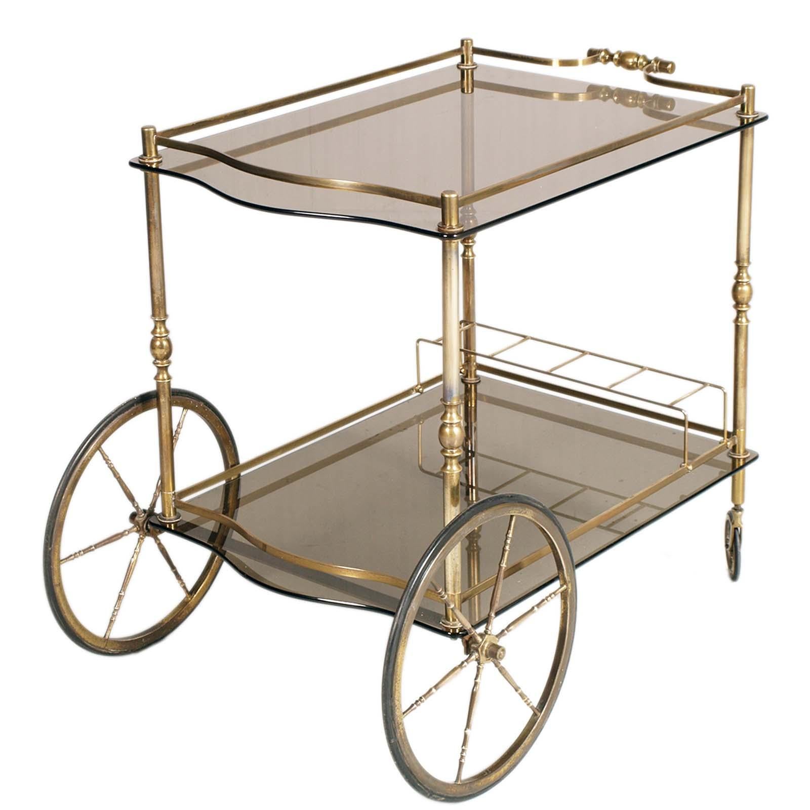 Mid-Century Modern 1950s Bar Cart by Aldo Tura for Danieli Hotel Venice Golden Brass two Tops Glass For Sale