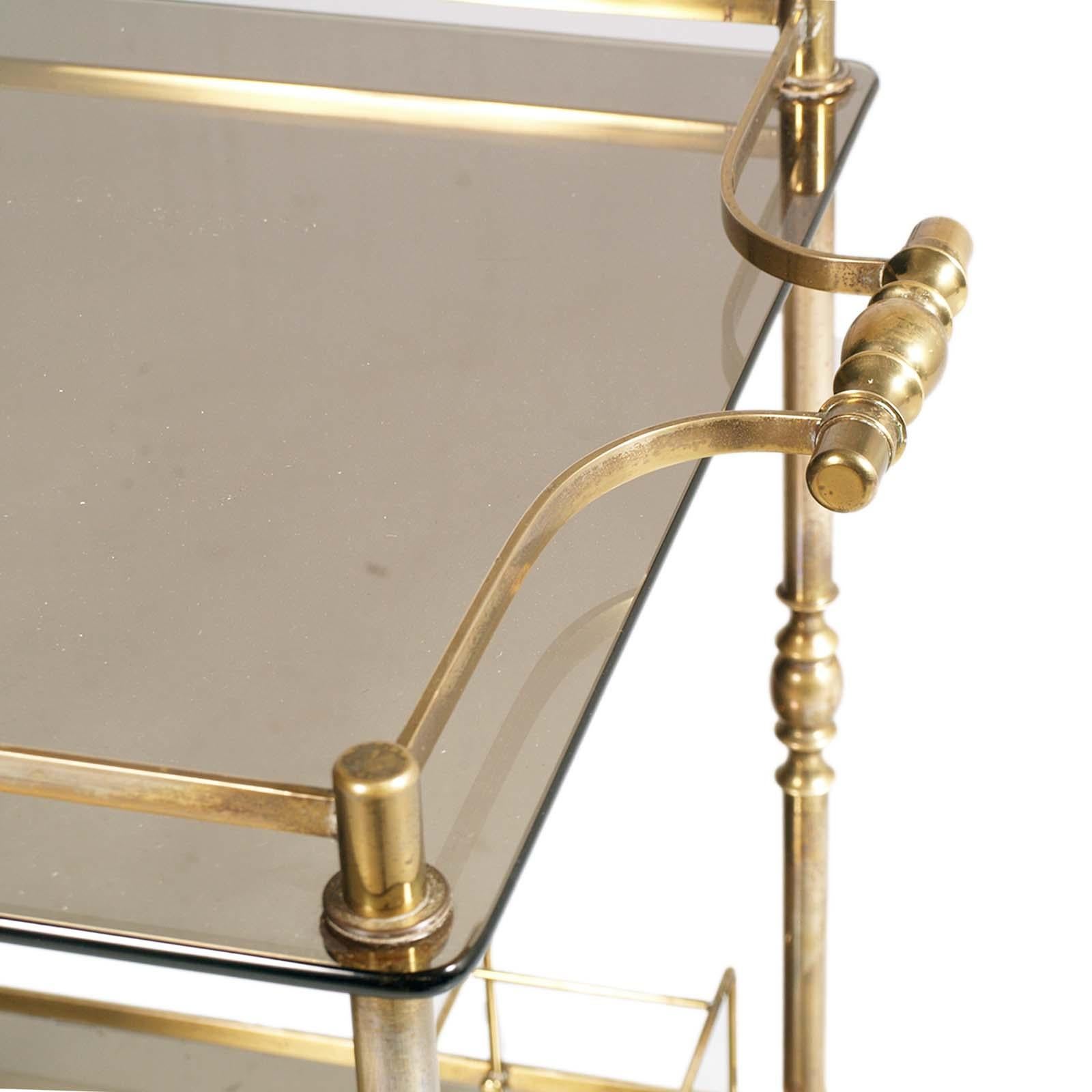 Gilt 1950s Bar Cart by Aldo Tura for Danieli Hotel Venice Golden Brass two Tops Glass For Sale
