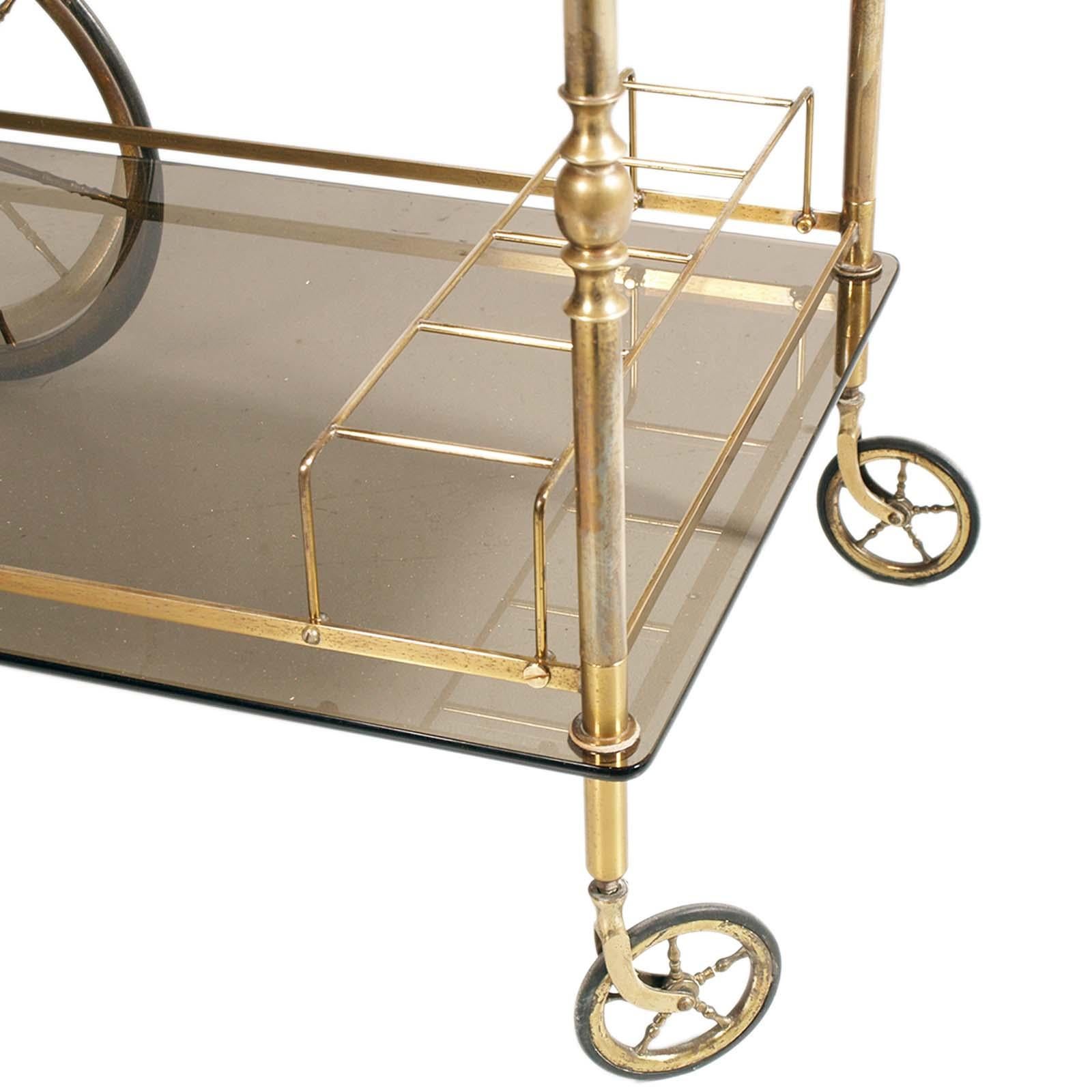 20th Century 1950s Bar Cart by Aldo Tura for Danieli Hotel Venice Golden Brass two Tops Glass For Sale
