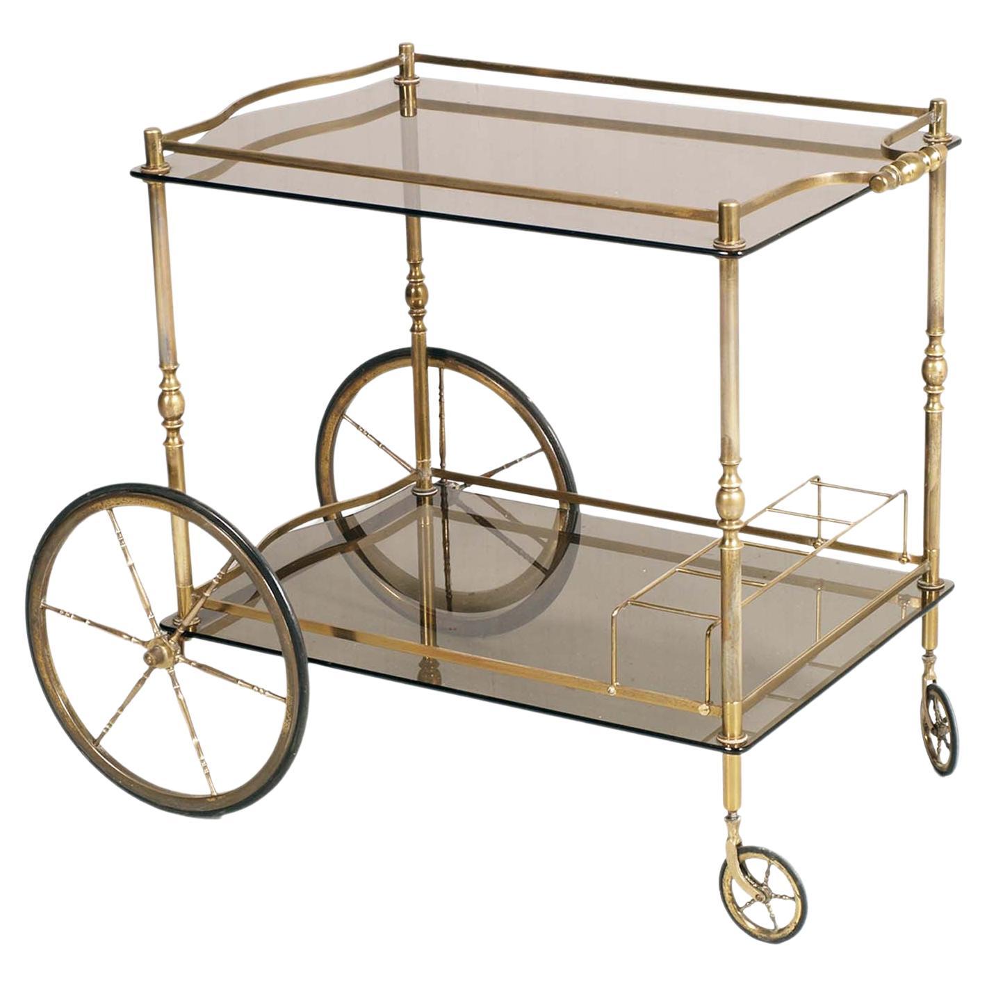 1950s Bar Cart by Aldo Tura for Danieli Hotel Venice Golden Brass two Tops Glass For Sale