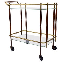 1950s Bar Cart, Midcentury, Brass and Walnut on Casters