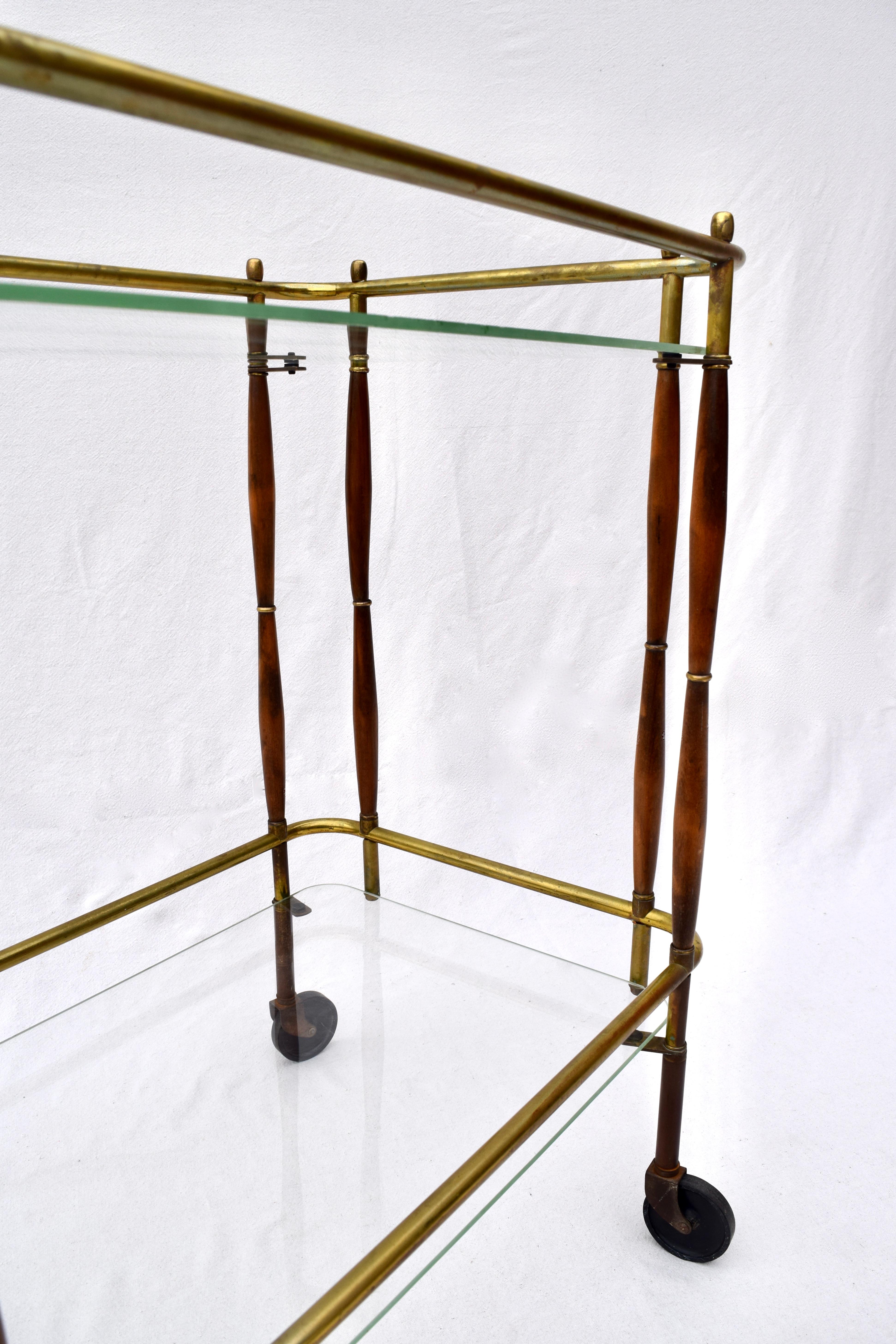 1950s Bar Cart, Midcentury, Brass and Walnut on Casters 4