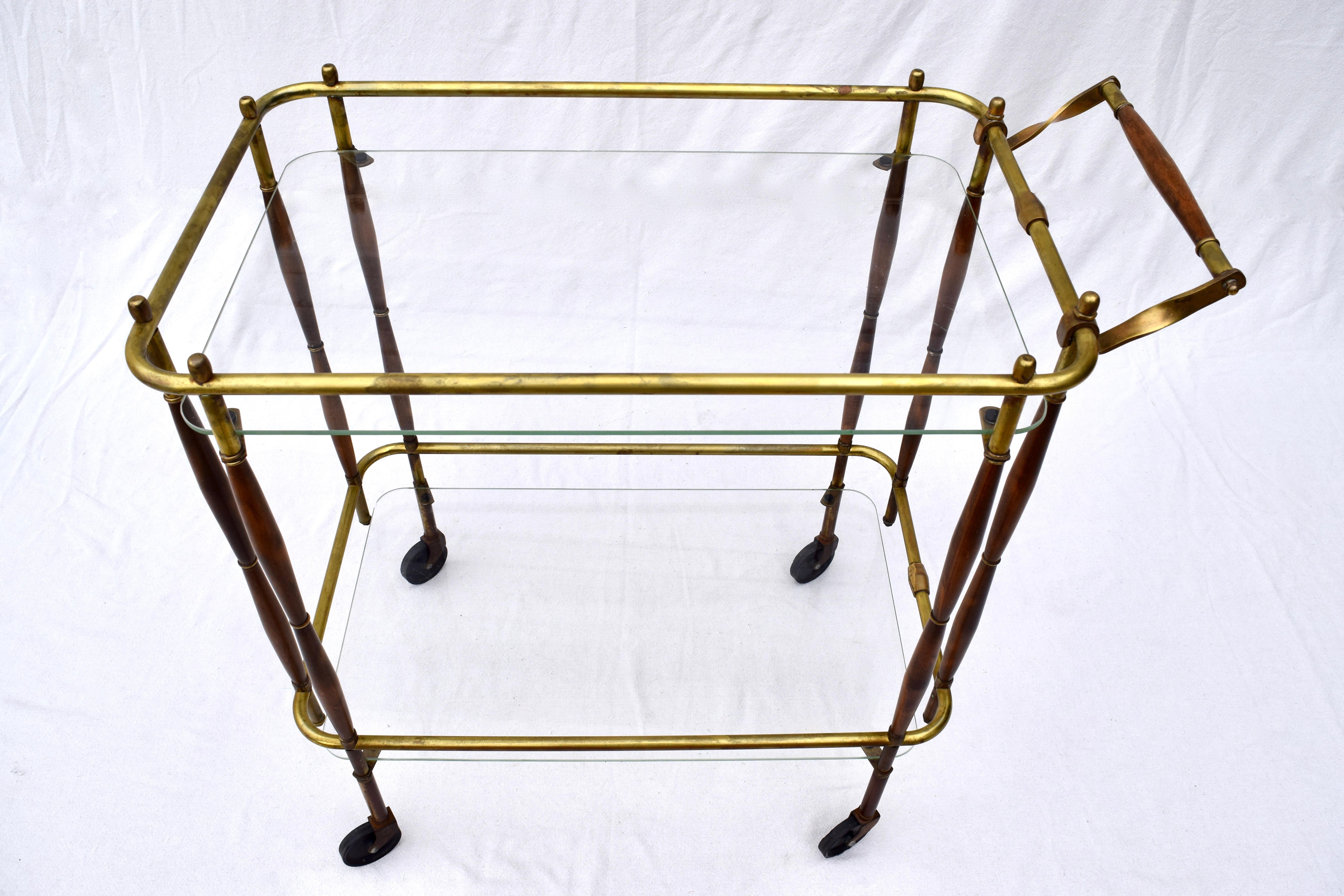 1950s Bar Cart, Midcentury, Brass and Walnut on Casters In Good Condition In Southampton, NJ