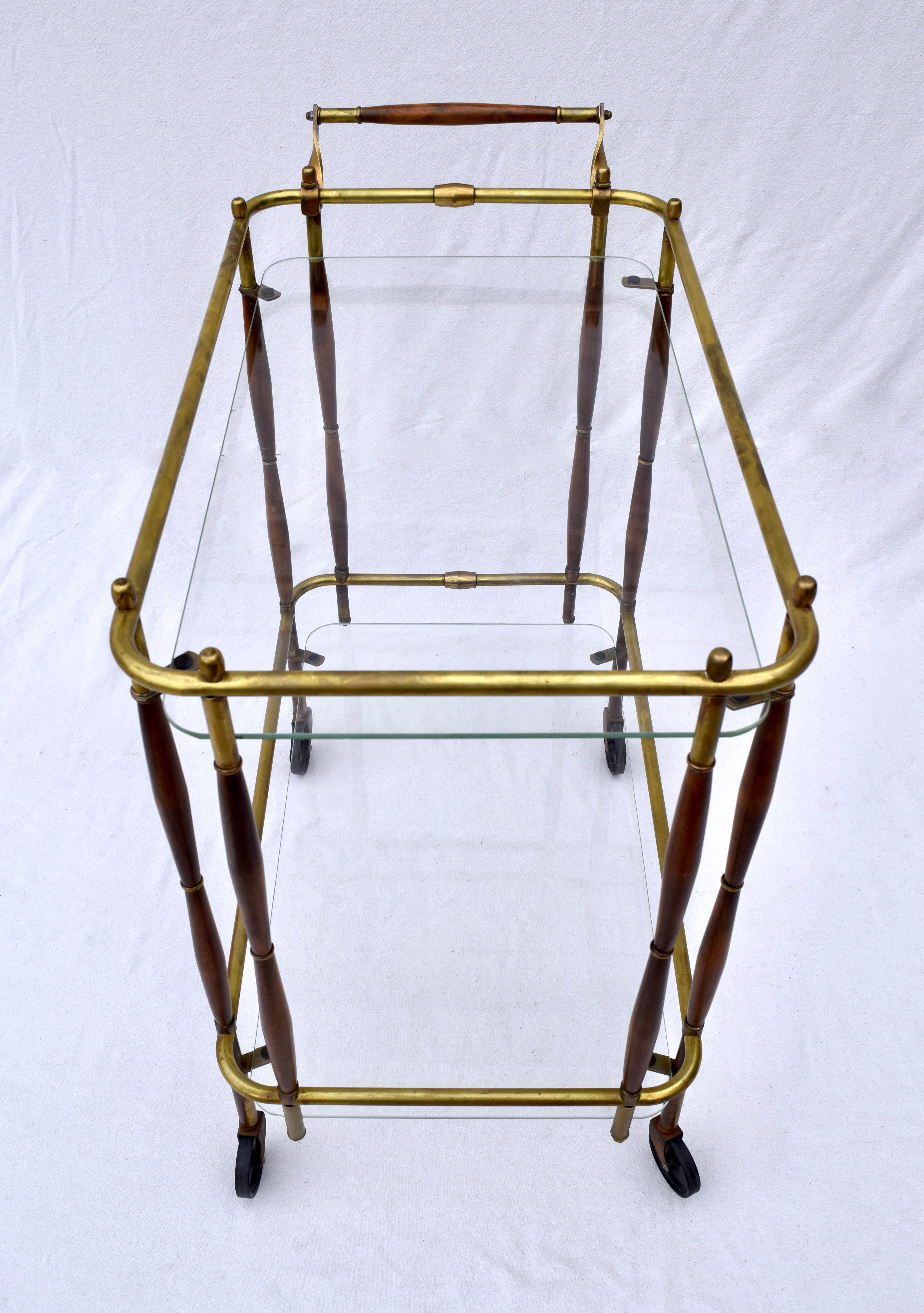 20th Century 1950s Bar Cart, Midcentury, Brass and Walnut on Casters