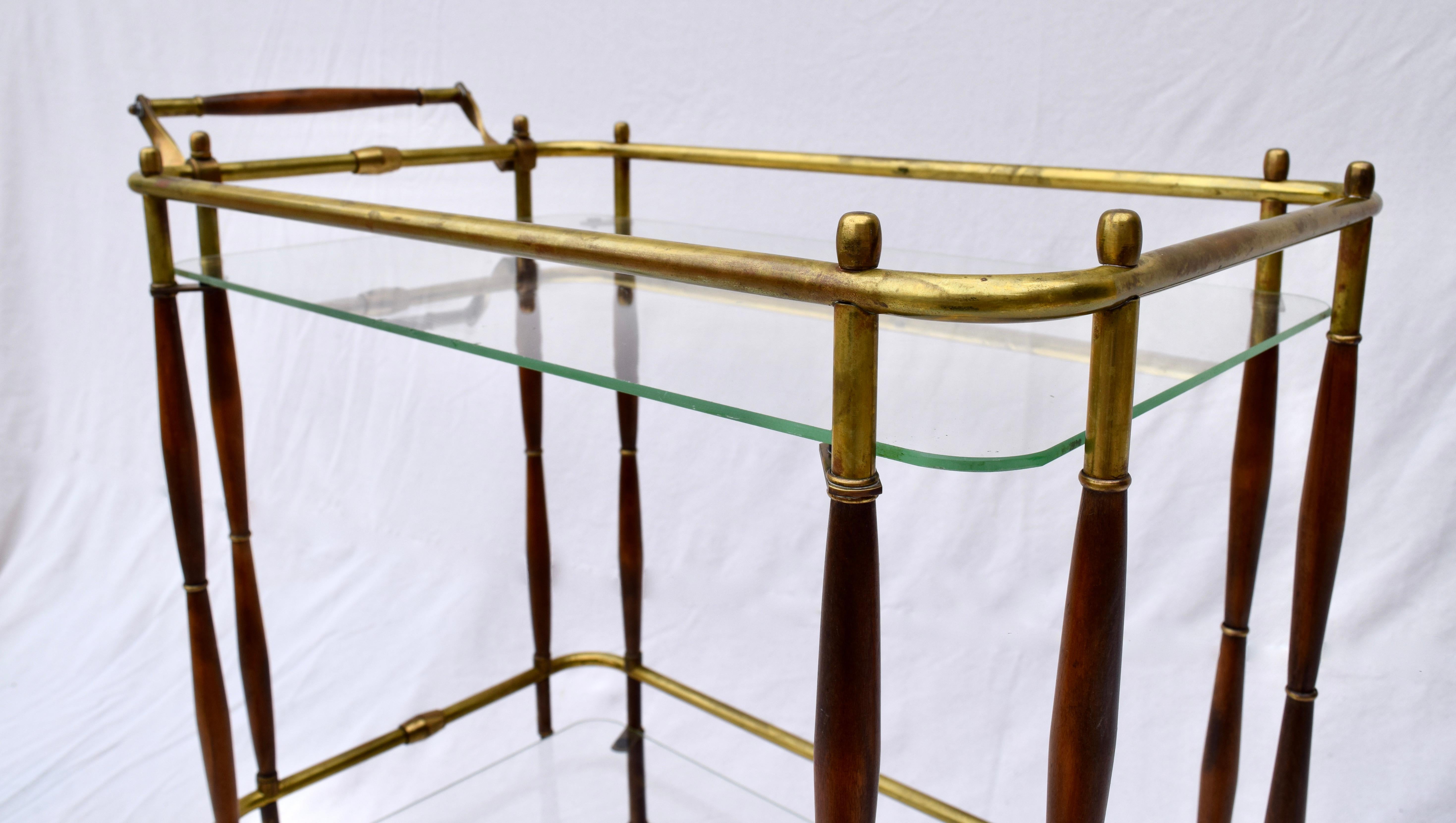 1950s Bar Cart, Midcentury, Brass and Walnut on Casters 1