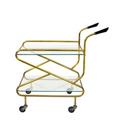 Mid-Century Modern Bar Cart In Solid Brass, Original Glasses - France