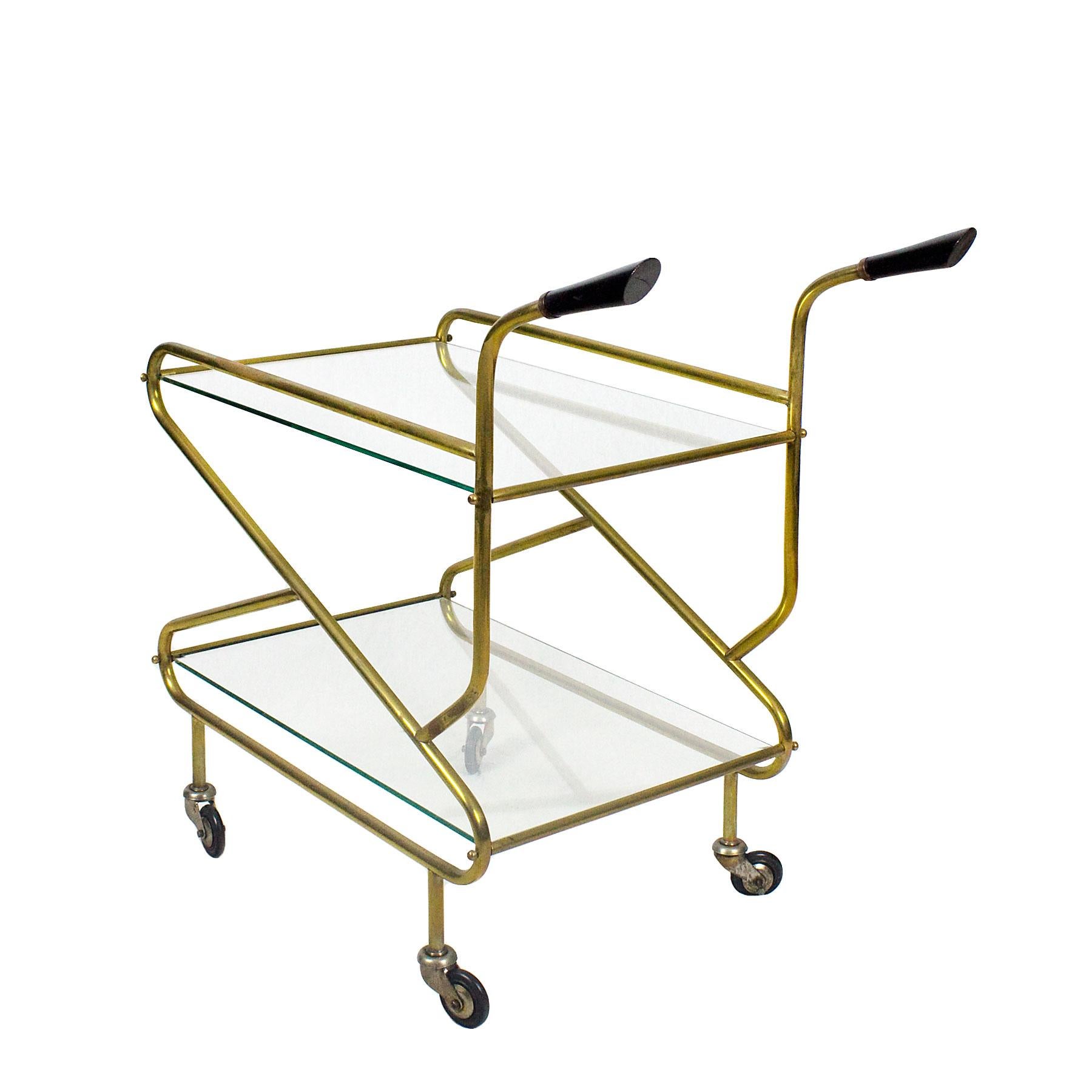 French Mid-Century Modern Bar Cart In Solid Brass, Original Glasses - France For Sale