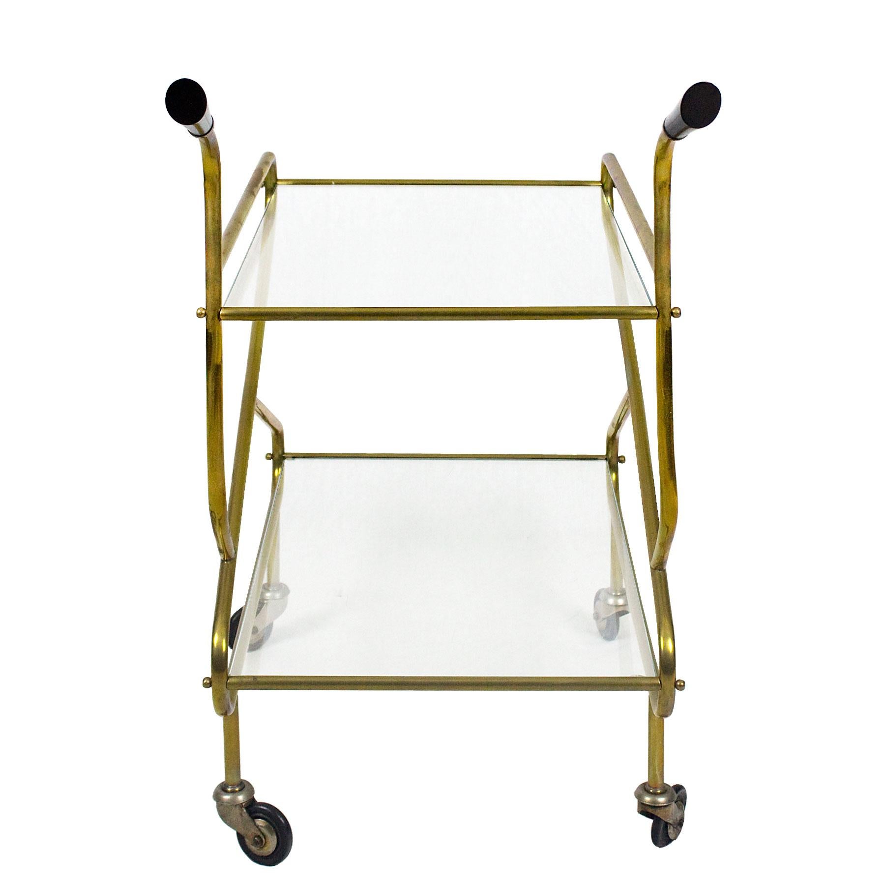 Polished Mid-Century Modern Bar Cart In Solid Brass, Original Glasses - France For Sale