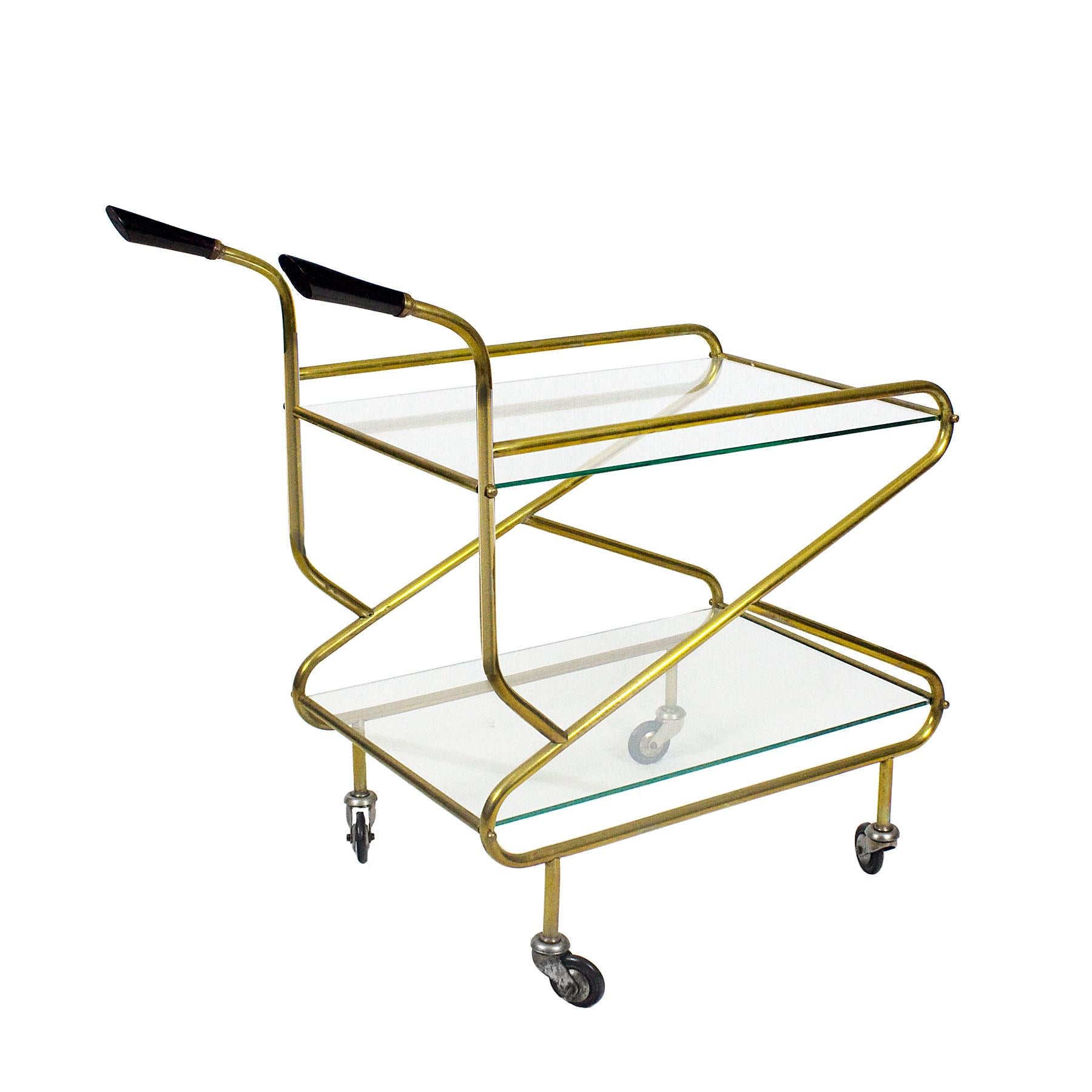 Mid-Century Modern Bar Cart In Solid Brass, Original Glasses - France In Good Condition For Sale In Girona, ES