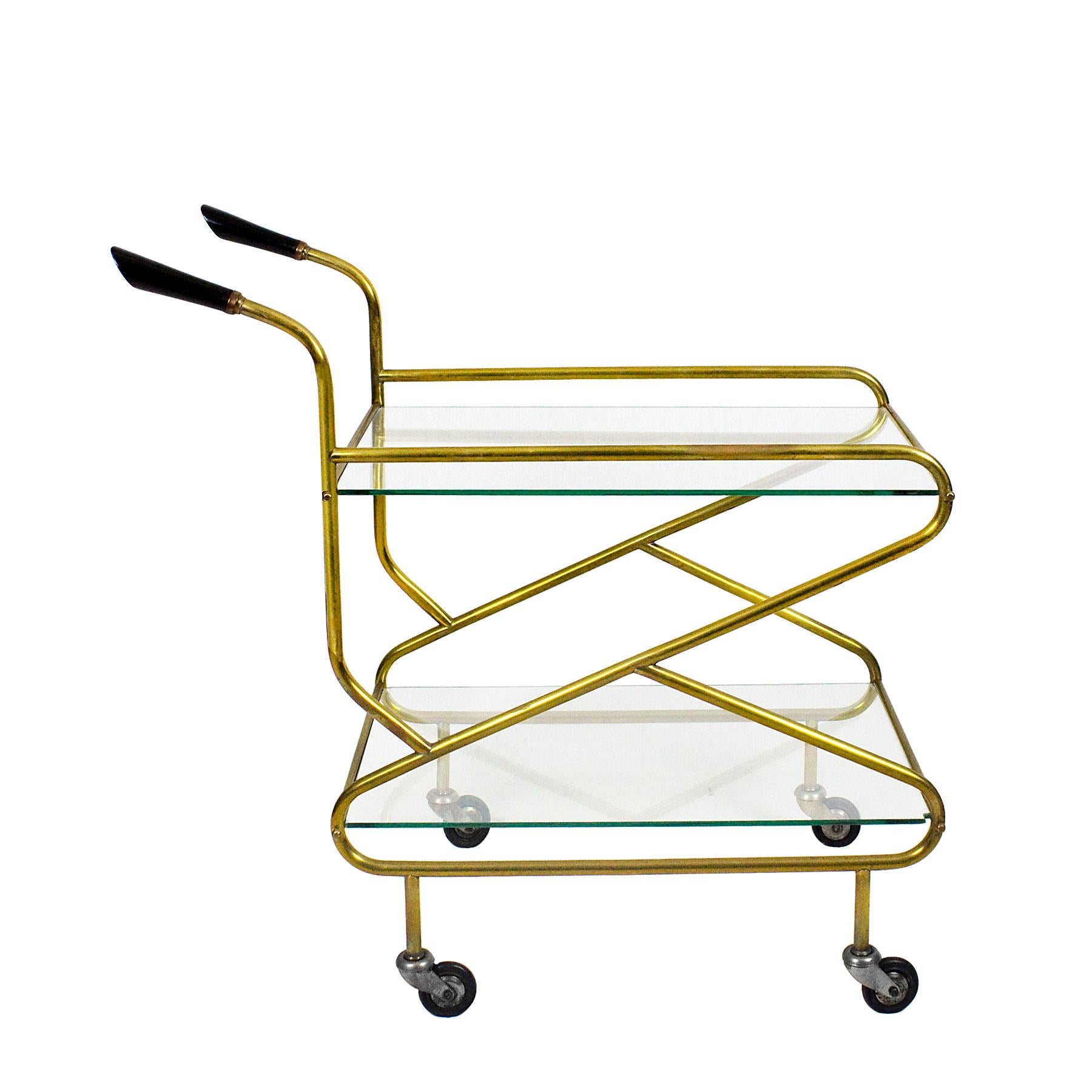 Chariot de bar moderne du milieu du siècle en laiton massif, verres d'origine - France Bon état - En vente à Girona, Girona