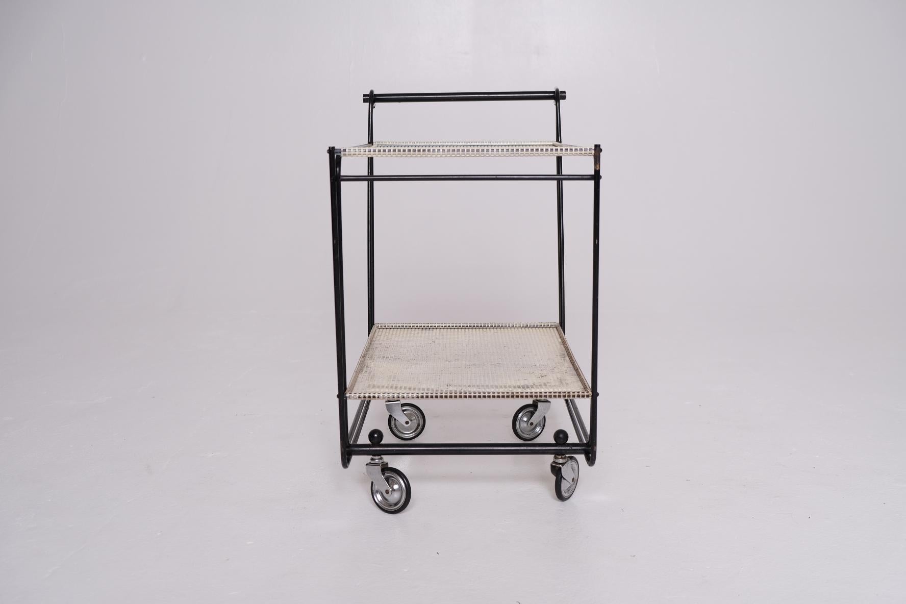 1950's Bar Cart with Tubular Steel Frame & Perforated Shelves, After Matégot For Sale 4