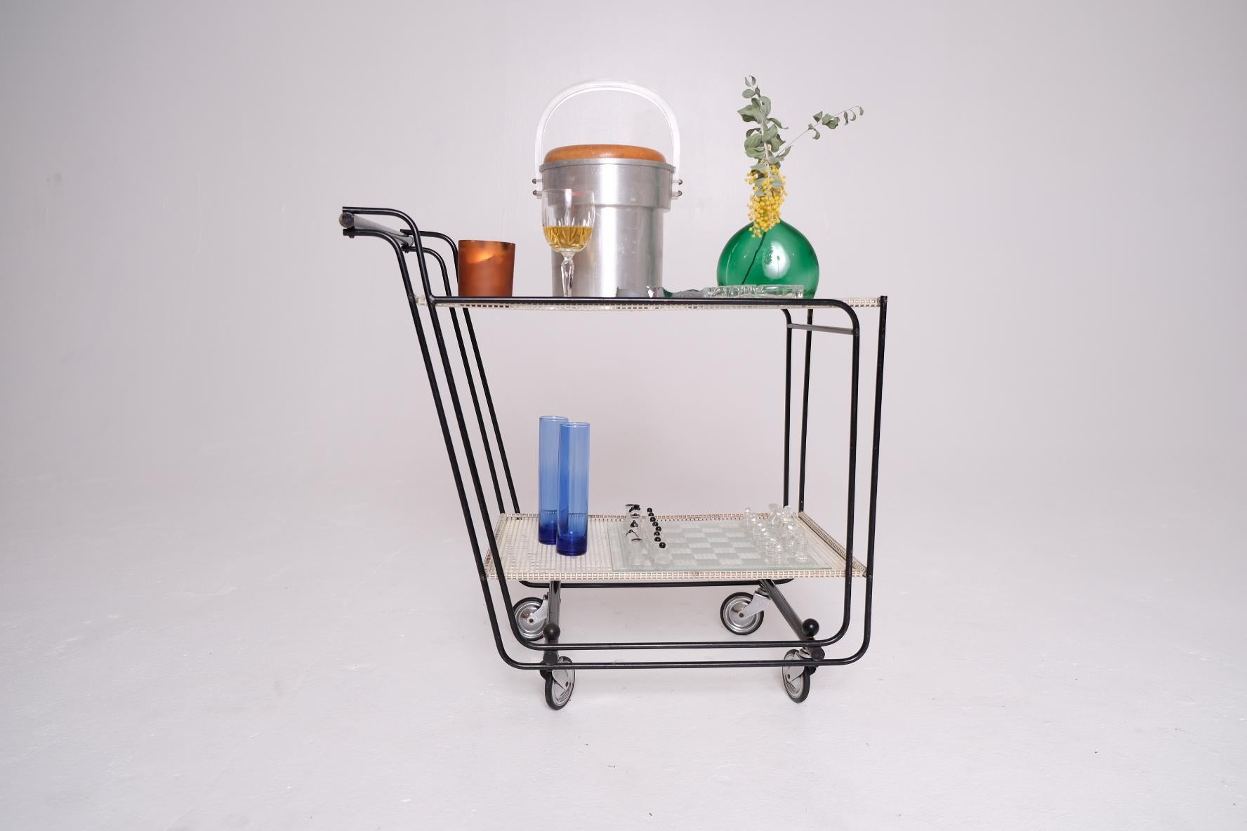 1950's Bar Cart with Tubular Steel Frame & Perforated Shelves, After Matégot For Sale 6