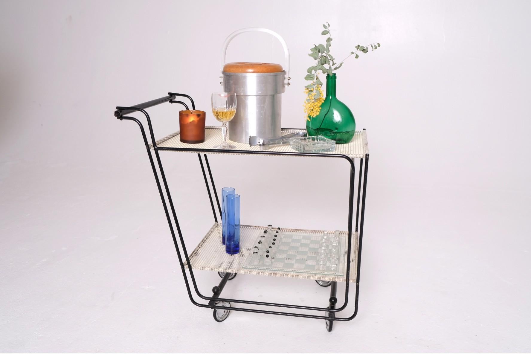 1950's Bar Cart with Tubular Steel Frame & Perforated Shelves, After Matégot For Sale 6