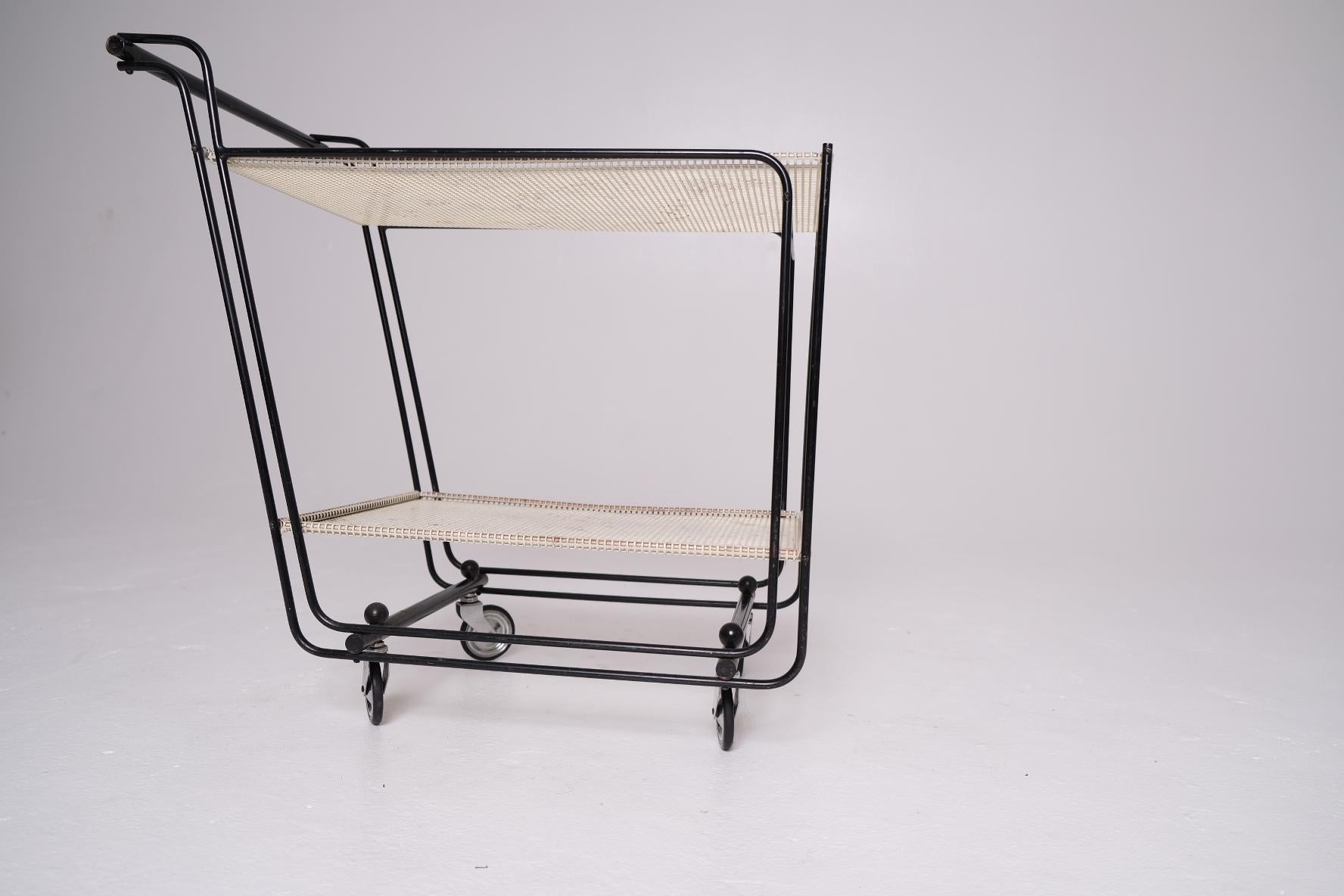 1950's Bar Cart with Tubular Steel Frame & Perforated Shelves, After Matégot For Sale 9