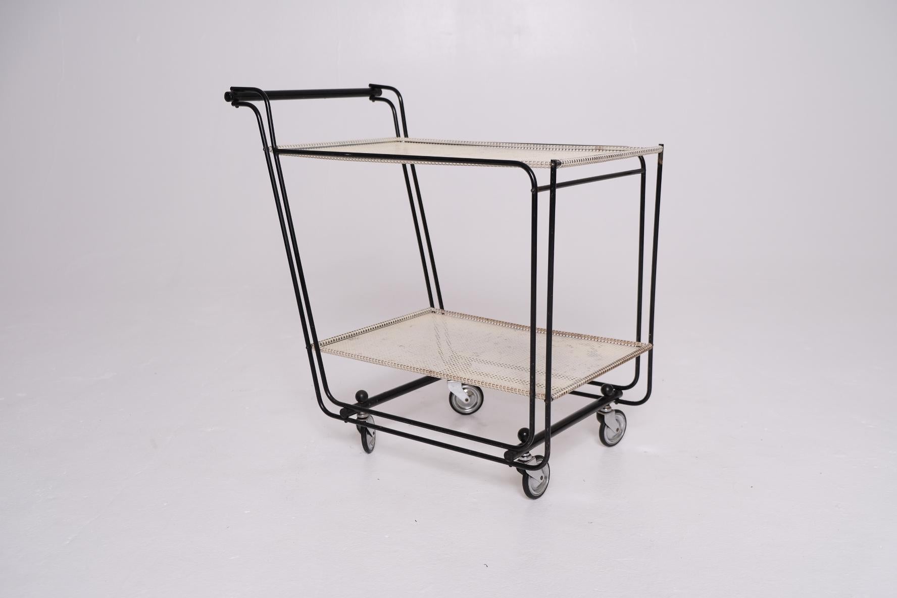 1950's Bar Cart with Tubular Steel Frame & Perforated Shelves, After Matégot For Sale 11