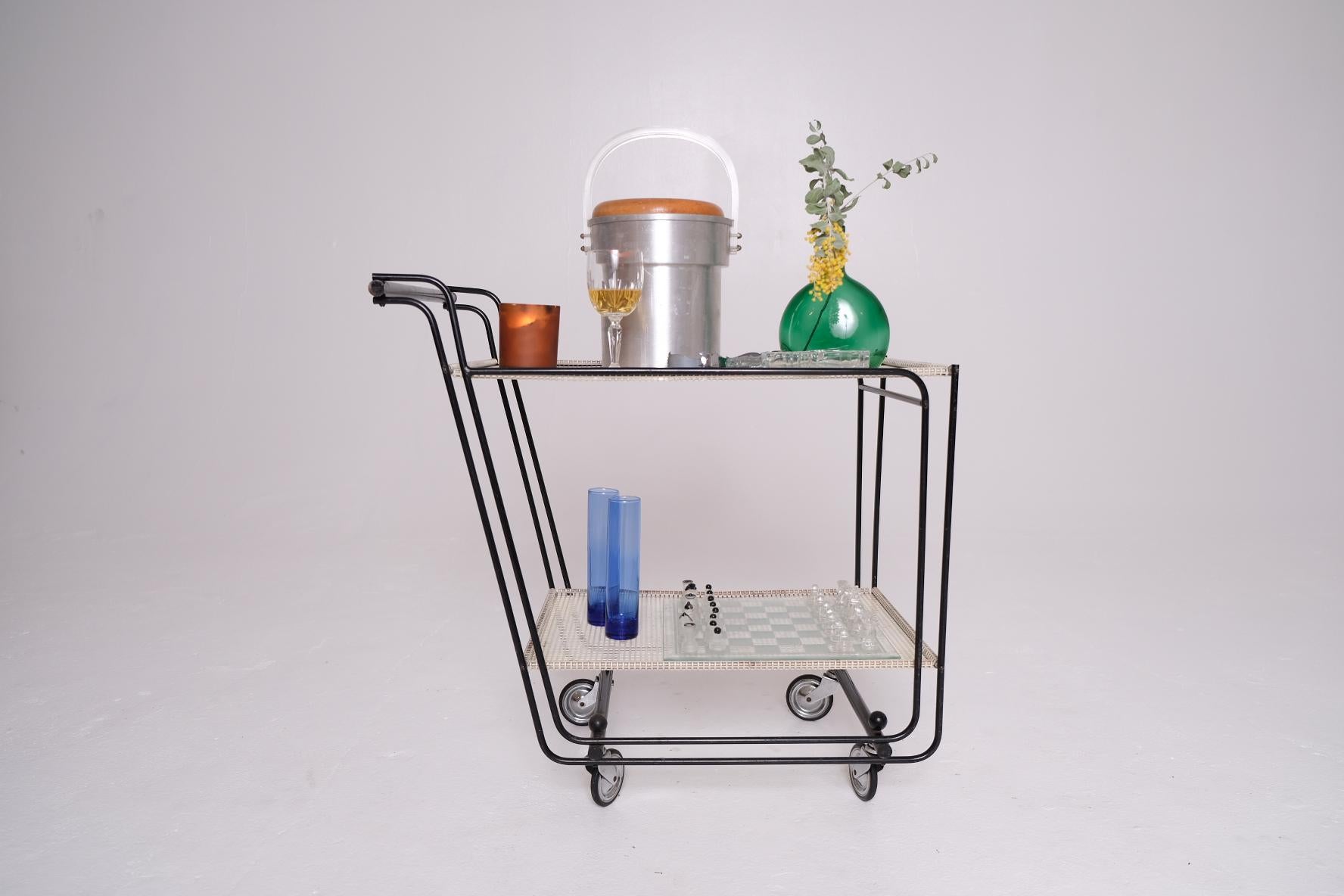 1950's Bar Cart with Tubular Steel Frame & Perforated Shelves, After Matégot For Sale 13