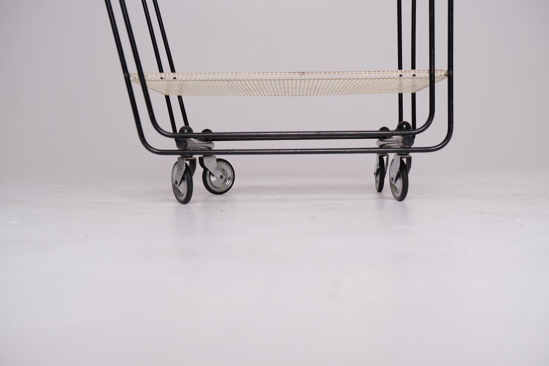 Mid-Century Modern 1950's Bar Cart with Tubular Steel Frame & Perforated Shelves, After Matégot For Sale
