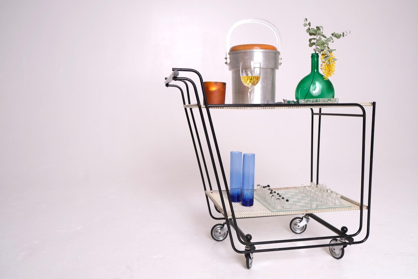 Mid-Century Modern 1950's Bar Cart with Tubular Steel Frame & Perforated Shelves, After Matégot For Sale