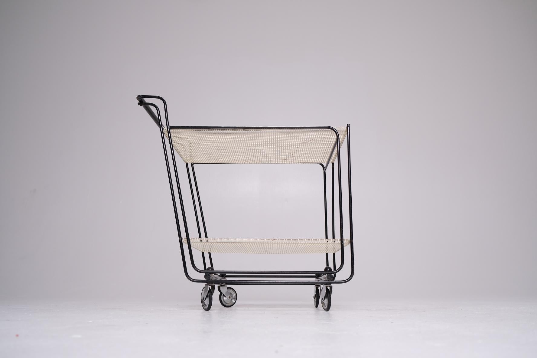 Powder-Coated 1950's Bar Cart with Tubular Steel Frame & Perforated Shelves, After Matégot For Sale