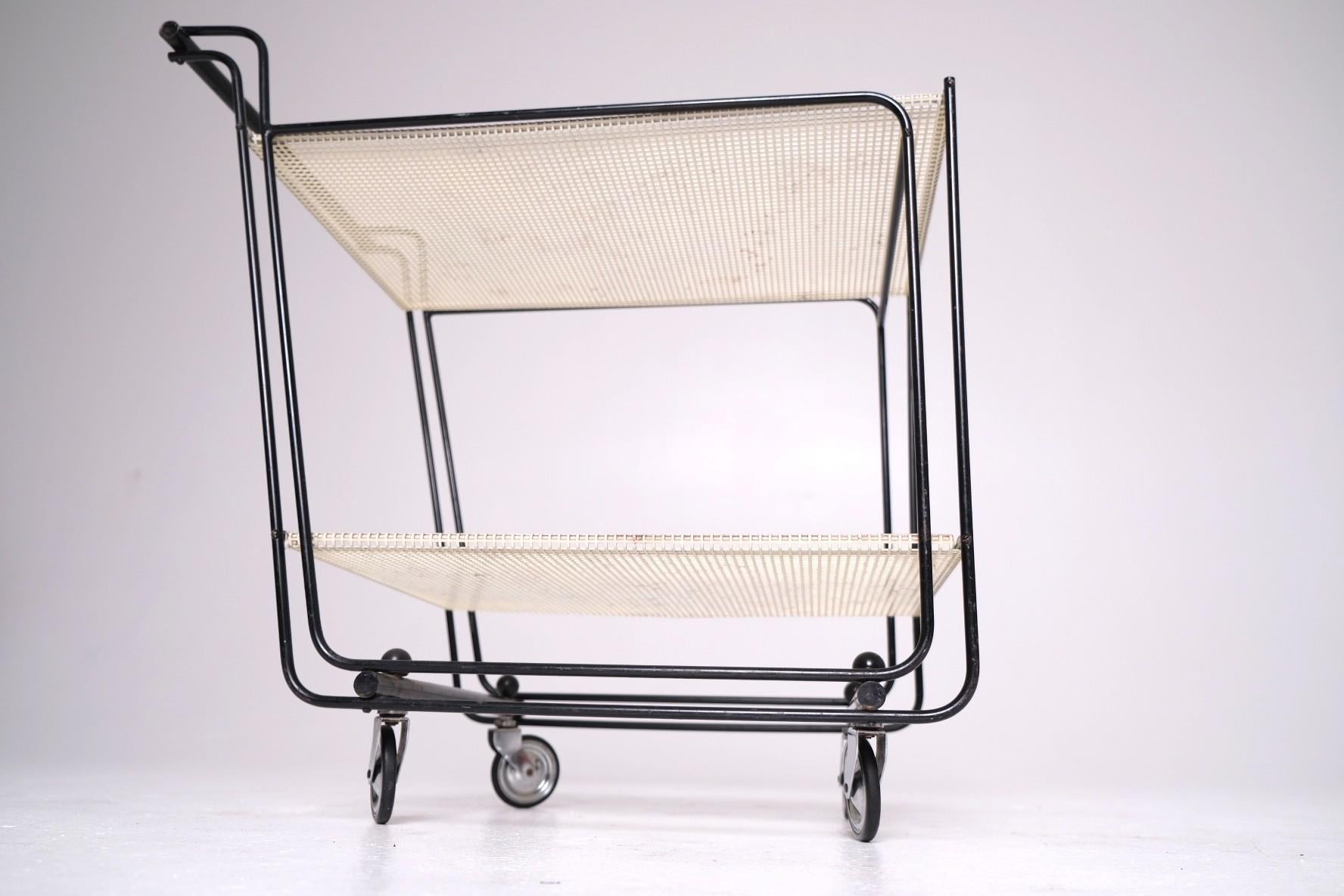 Powder-Coated 1950's Bar Cart with Tubular Steel Frame & Perforated Shelves, After Matégot For Sale