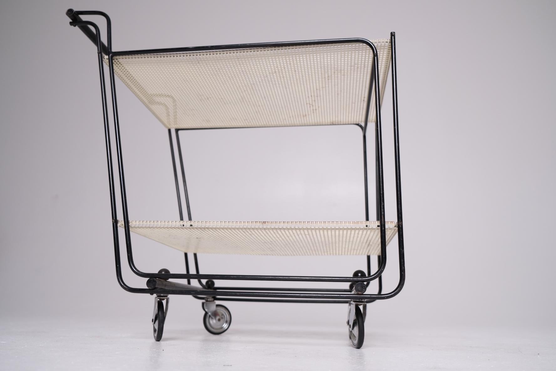 1950's Bar Cart with Tubular Steel Frame & Perforated Shelves, After Matégot In Good Condition For Sale In Los Angeles, CA