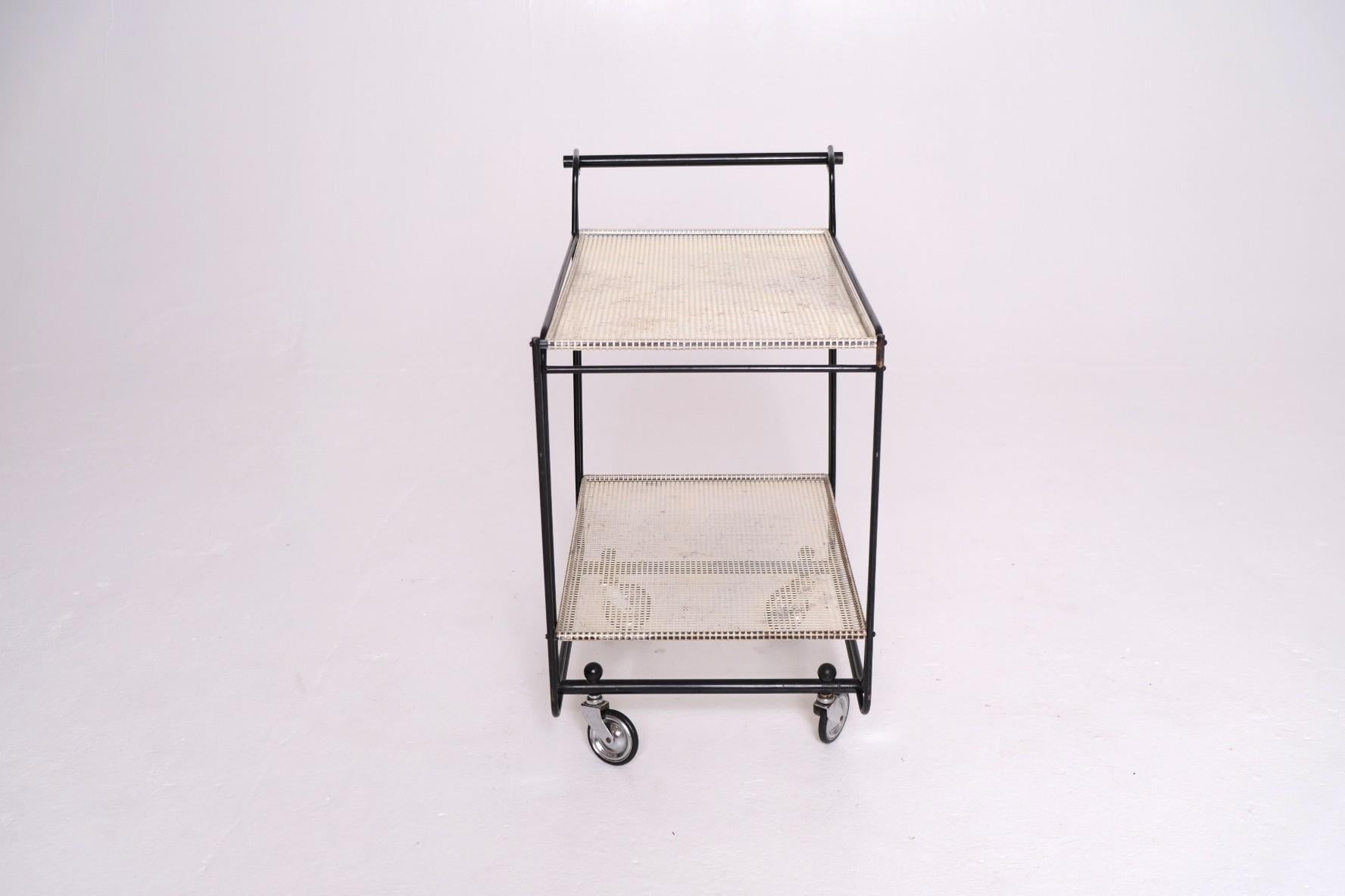 Mid-20th Century 1950's Bar Cart with Tubular Steel Frame & Perforated Shelves, After Matégot For Sale