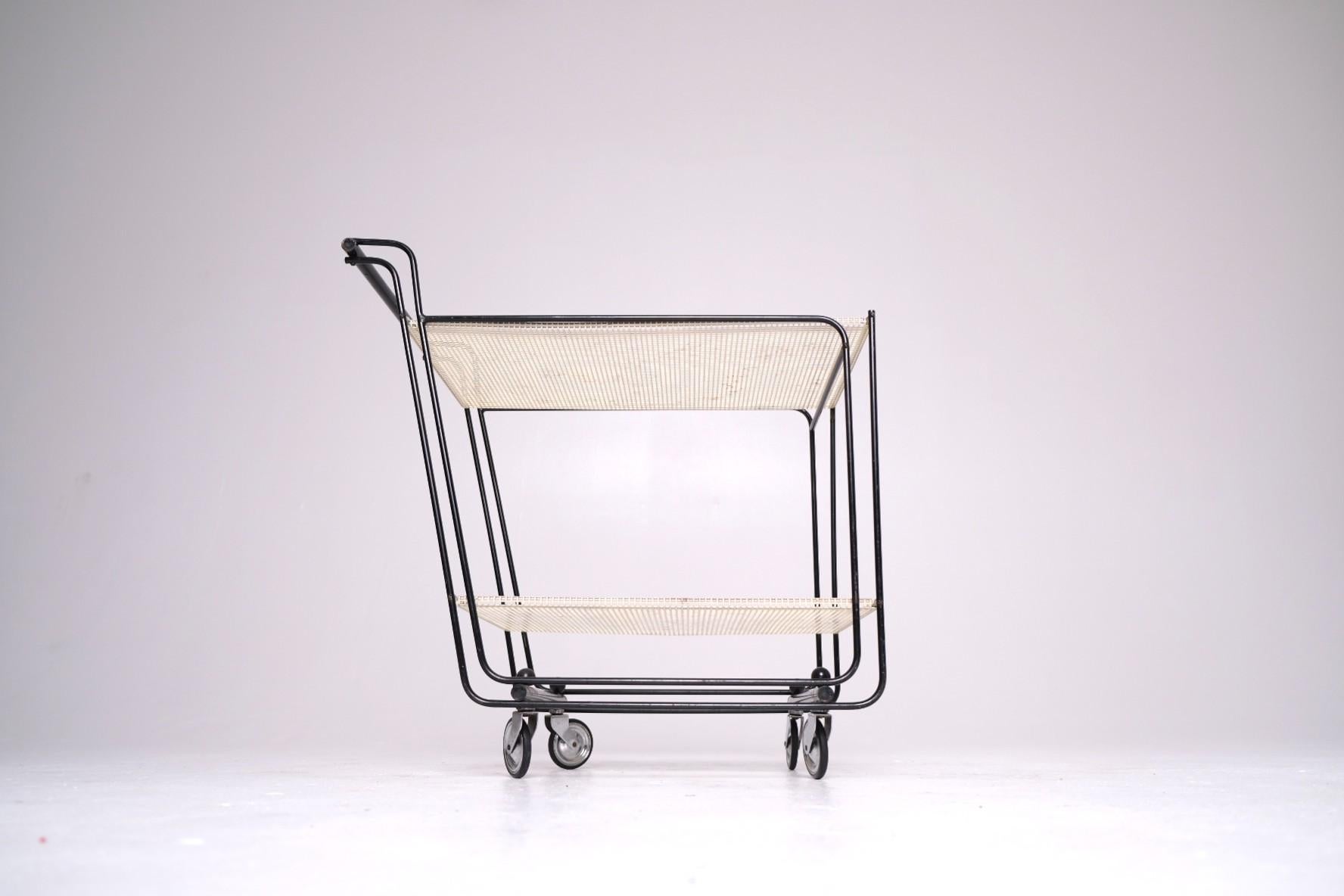 1950's Bar Cart with Tubular Steel Frame & Perforated Shelves, After Matégot For Sale 1