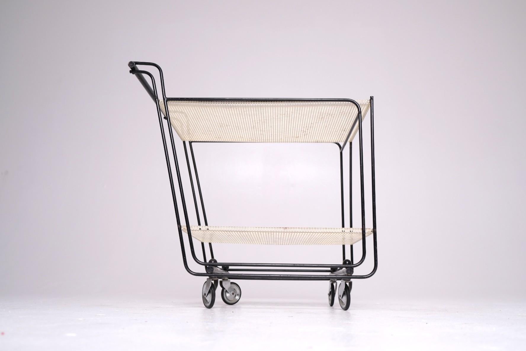 1950's Bar Cart with Tubular Steel Frame & Perforated Shelves, After Matégot For Sale 2
