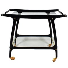 1950s Bar Cart, Stained Mahogany, Glass, Brass, Copper, Italy 1950s Bar Cart, Stained Mahogany, Glass, Brass, Copper, Italy