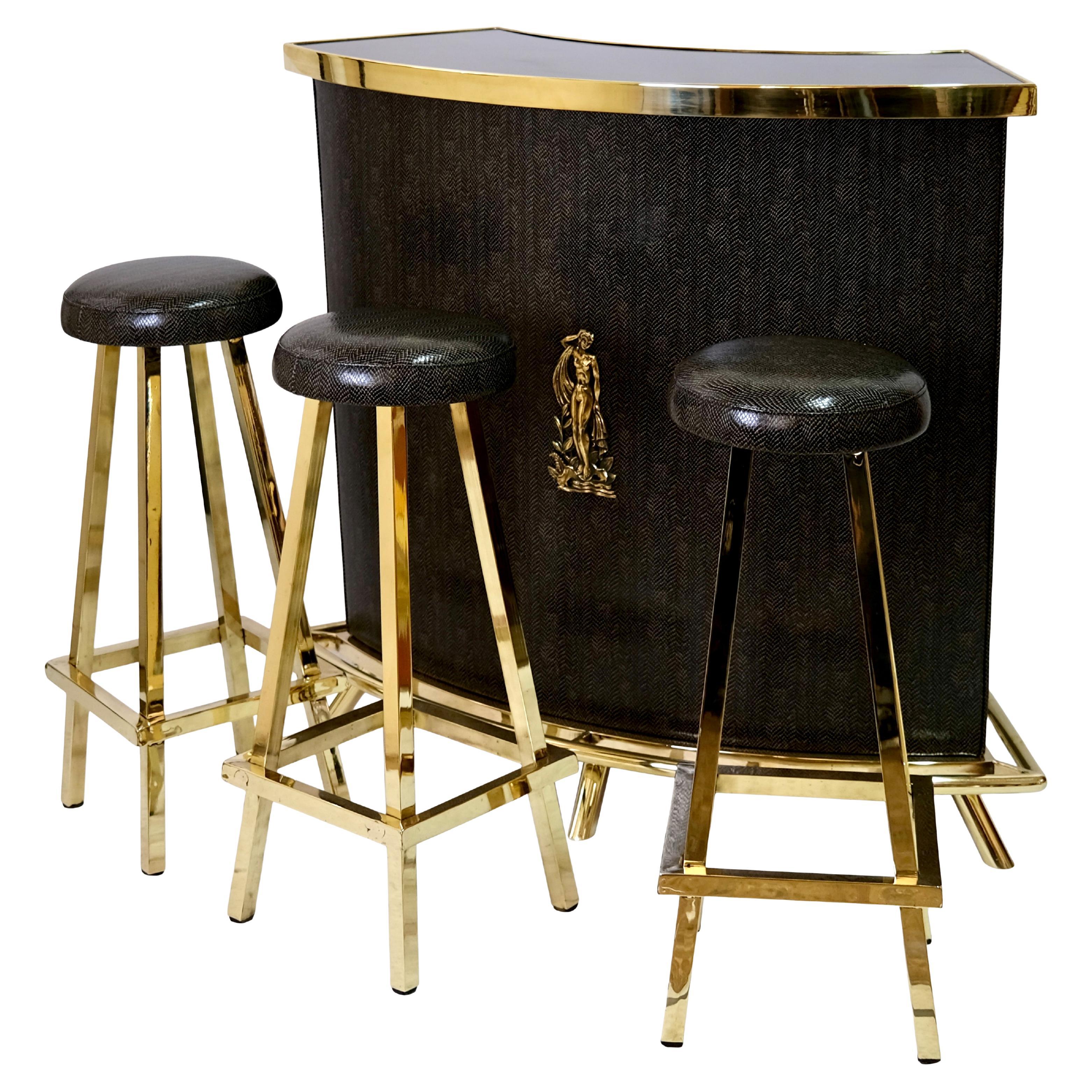 1950s Bar Set with Counter and 3 Barstools in Brass and covered in Snake look For Sale