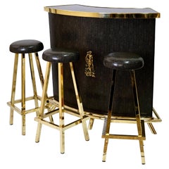Antique 1950s Bar Set with Counter and 3 Barstools in Brass and covered in Snake look