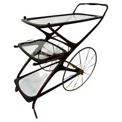1950s Bar Trolley with Spoked Wheels and Glass Shelves