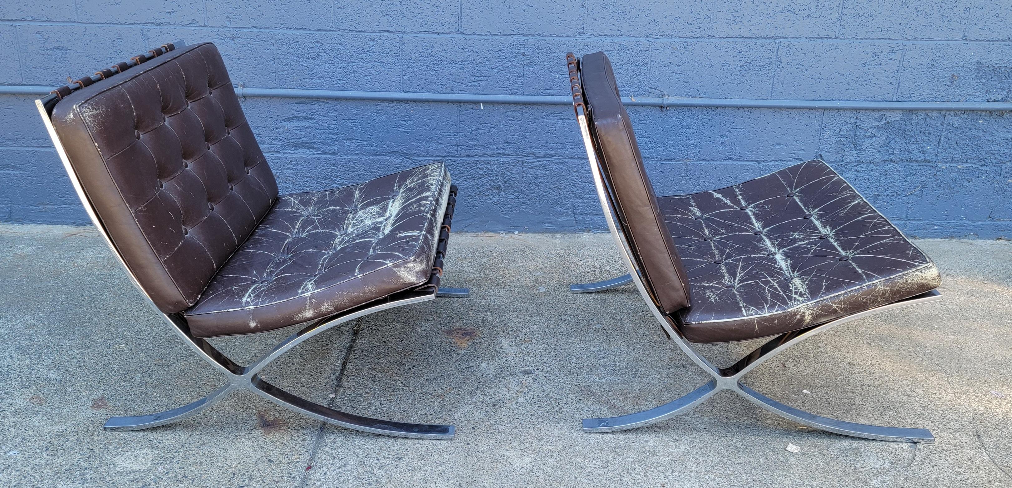 1950's Barcelona Style Leather Lounge Chairs by Supreme Industria Argentina In Distressed Condition For Sale In Fulton, CA