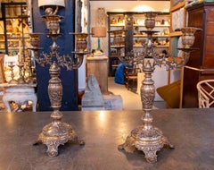 1950s Baroque Five-light Bronze Candelabras in Silver Tones