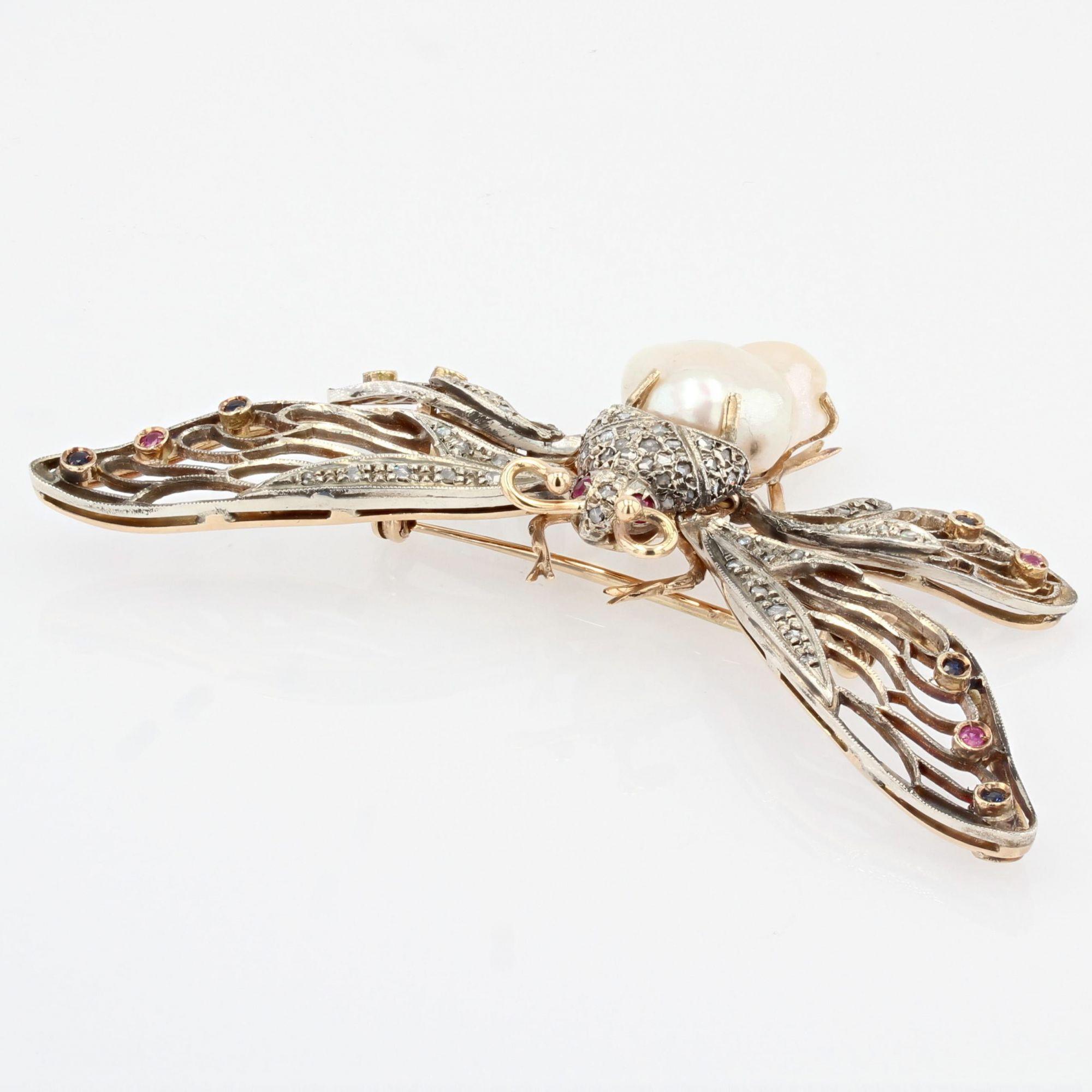 1950s Baroque Pearl Sapphires Rubies Yellow Gold Butterfly Articulated Brooch For Sale 1