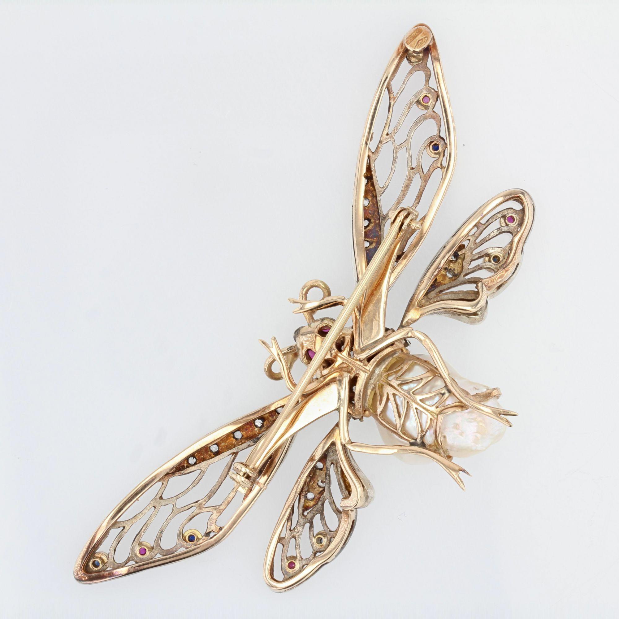 1950s Baroque Pearl Sapphires Rubies Yellow Gold Butterfly Articulated Brooch For Sale 2