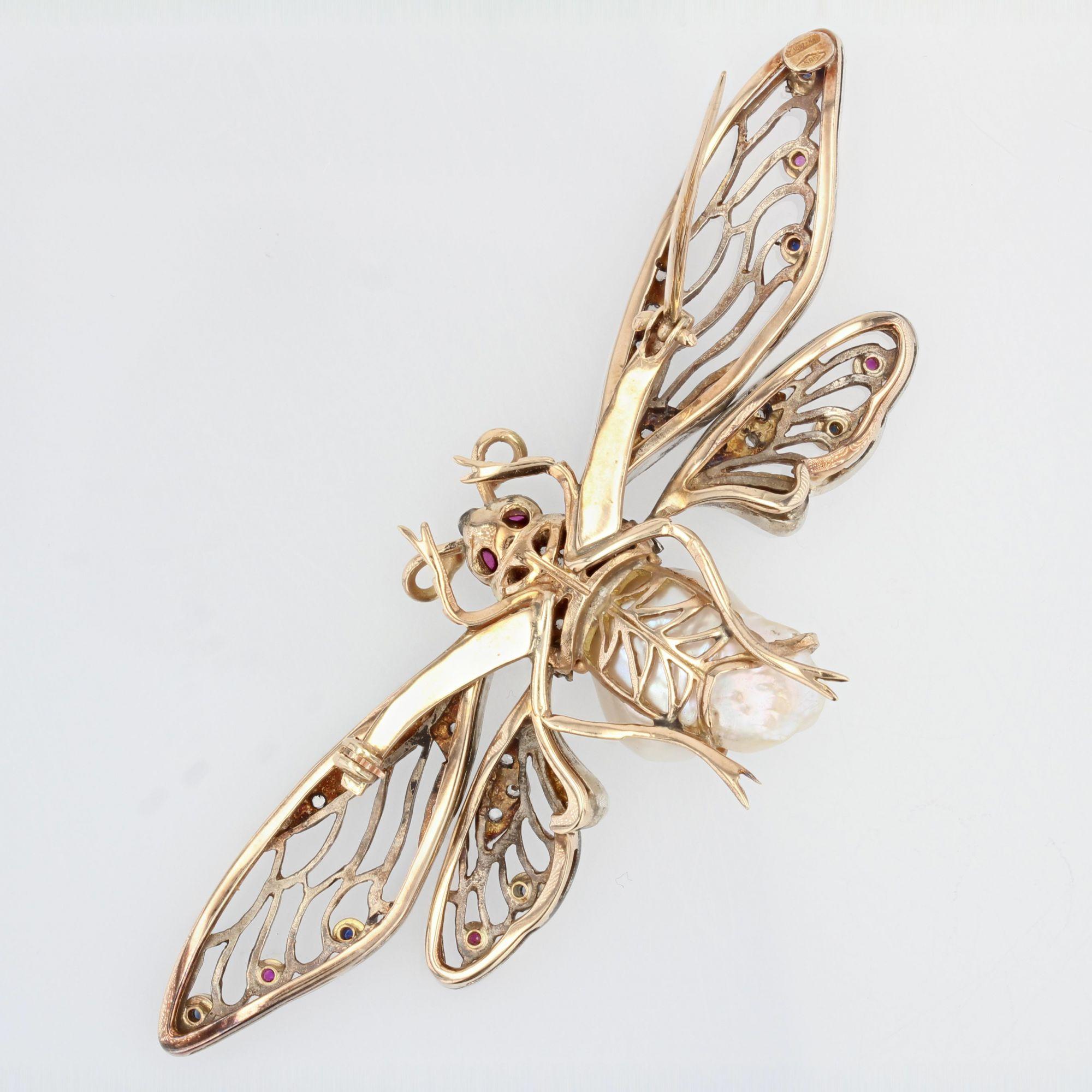 1950s Baroque Pearl Sapphires Rubies Yellow Gold Butterfly Articulated Brooch For Sale 3