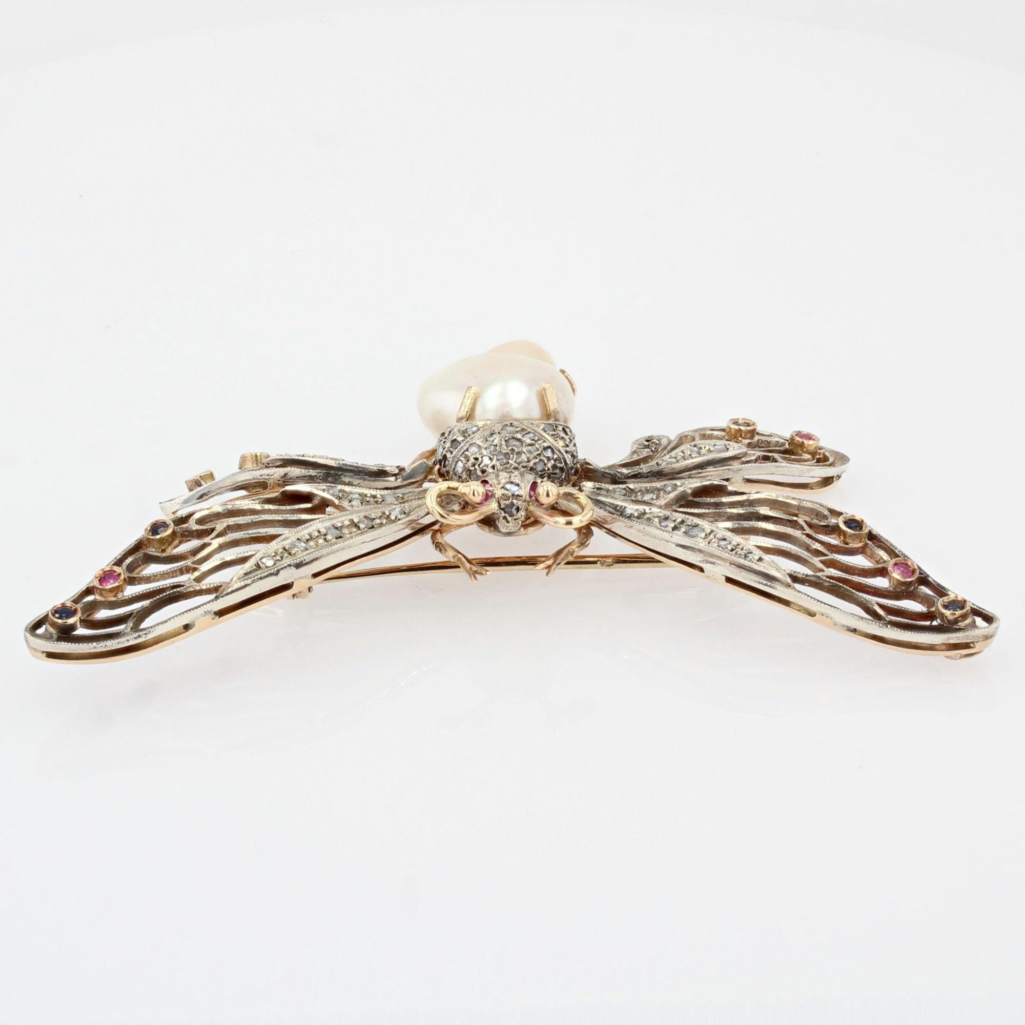 1950s Baroque Pearl Sapphires Rubies Yellow Gold Butterfly Articulated Brooch For Sale 4