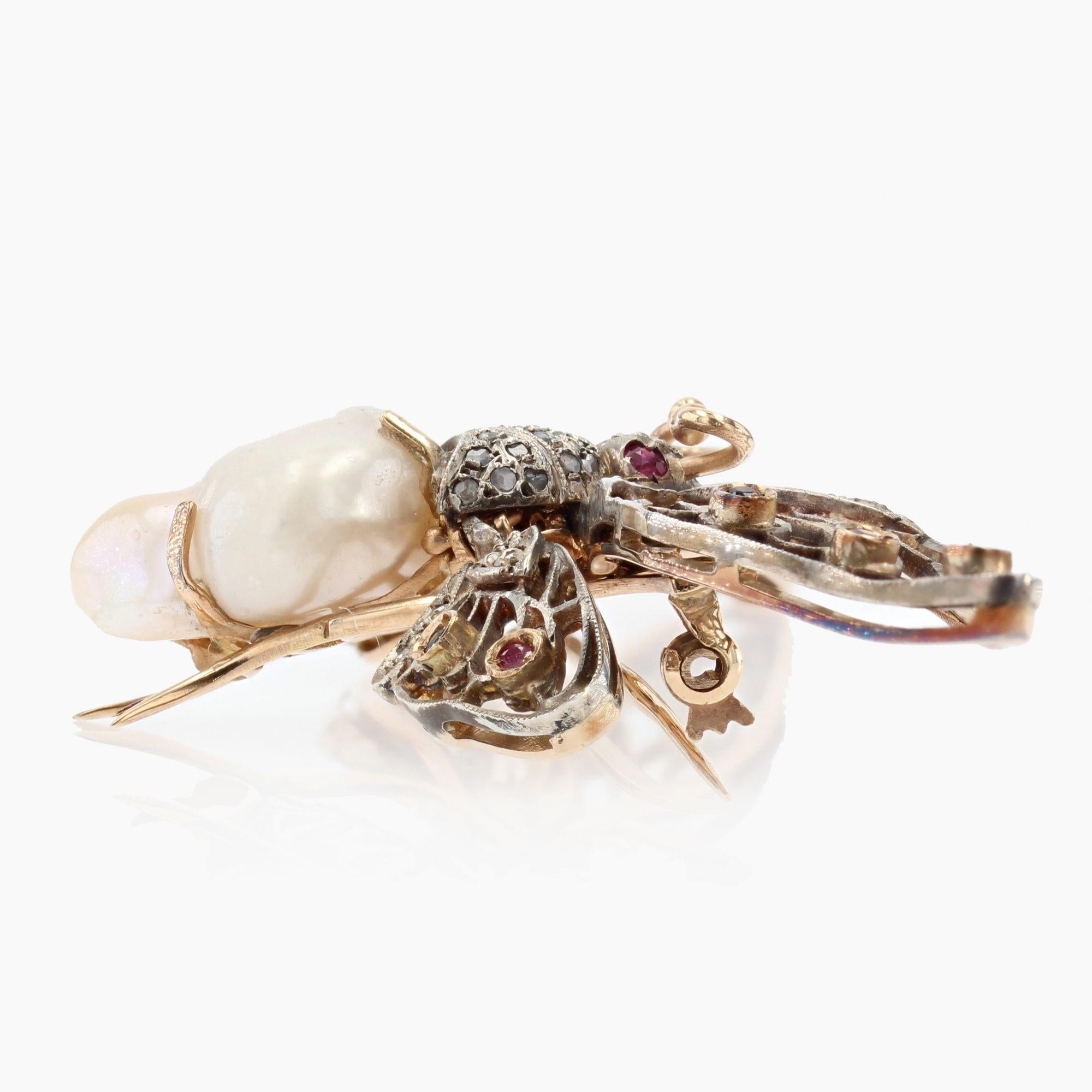 1950s Baroque Pearl Sapphires Rubies Yellow Gold Butterfly Articulated Brooch For Sale 6