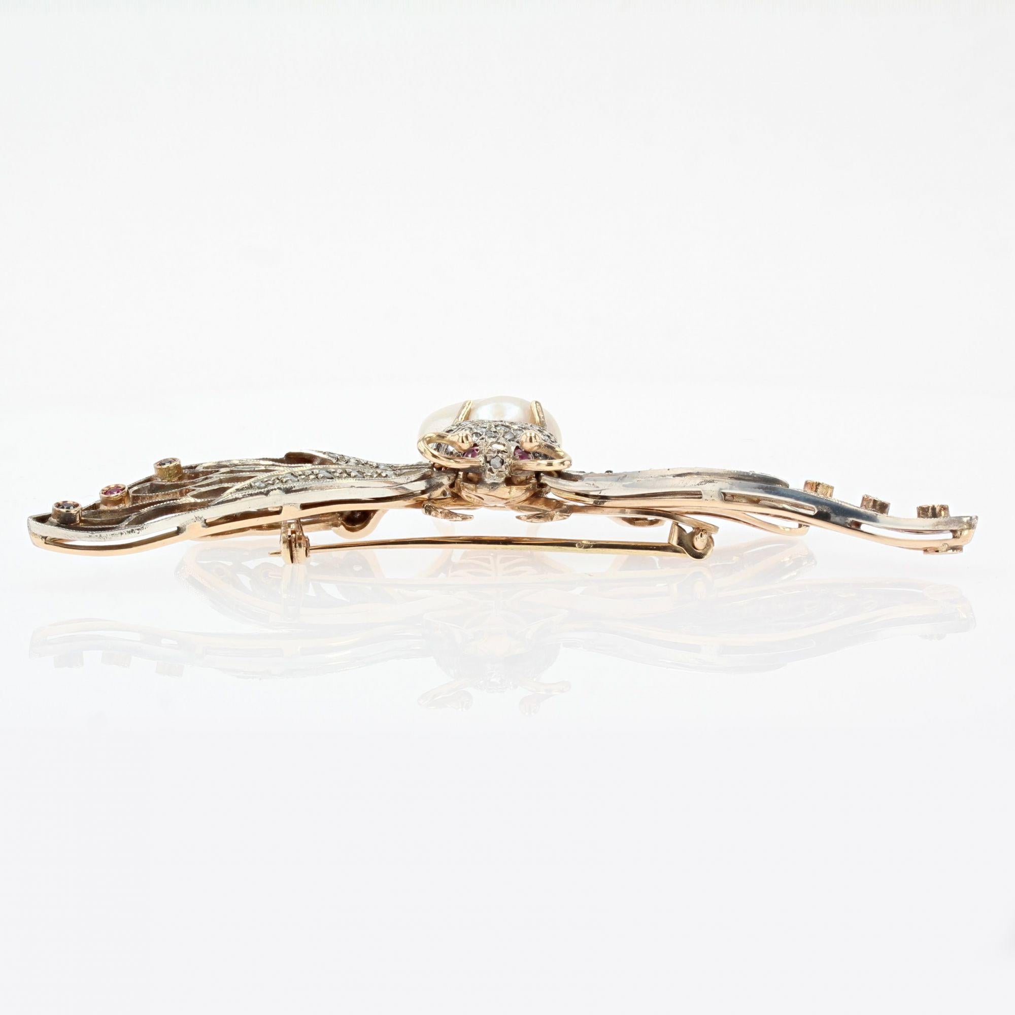1950s Baroque Pearl Sapphires Rubies Yellow Gold Butterfly Articulated Brooch For Sale 7