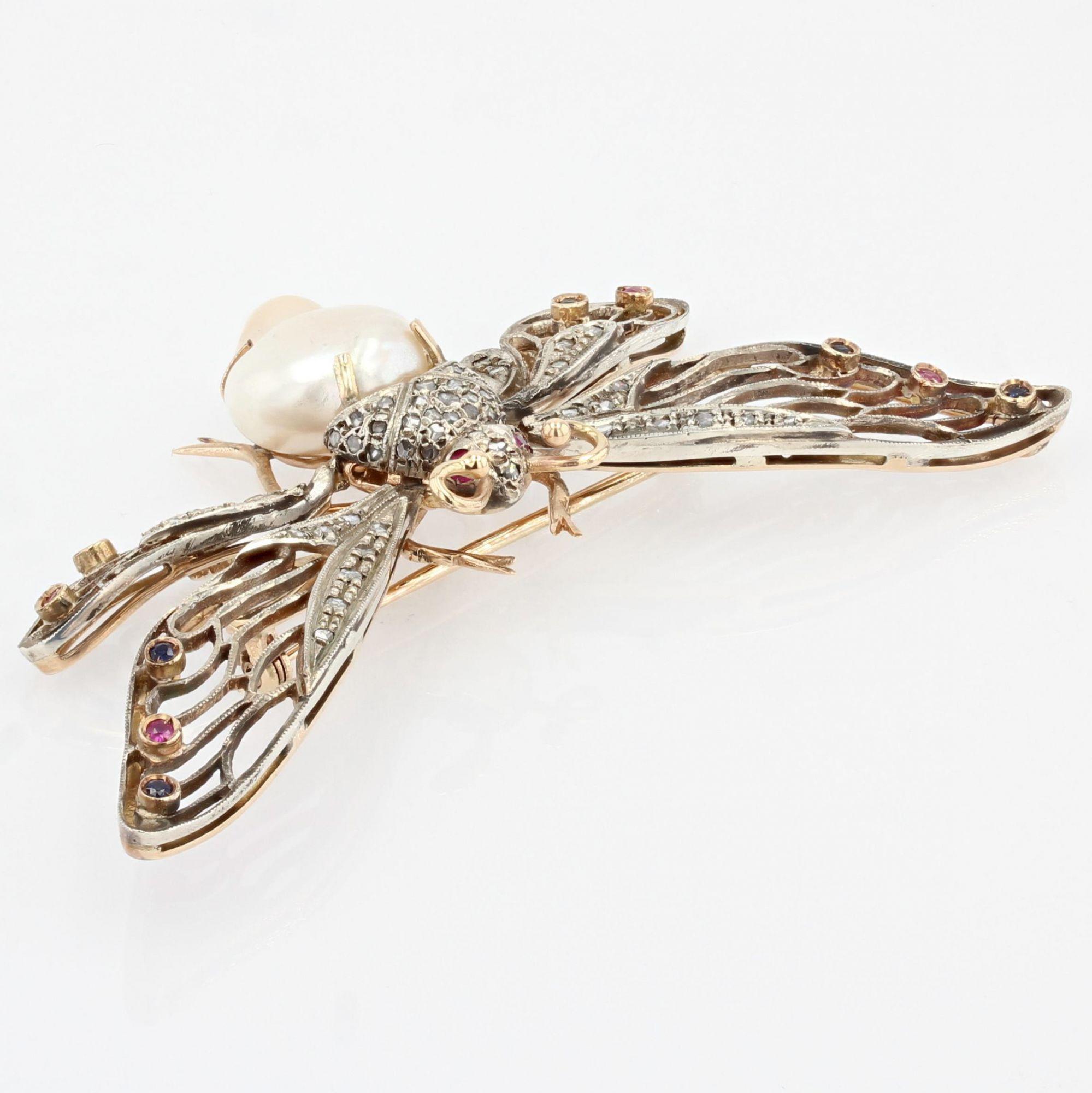 1950s Baroque Pearl Sapphires Rubies Yellow Gold Butterfly Articulated Brooch For Sale 8