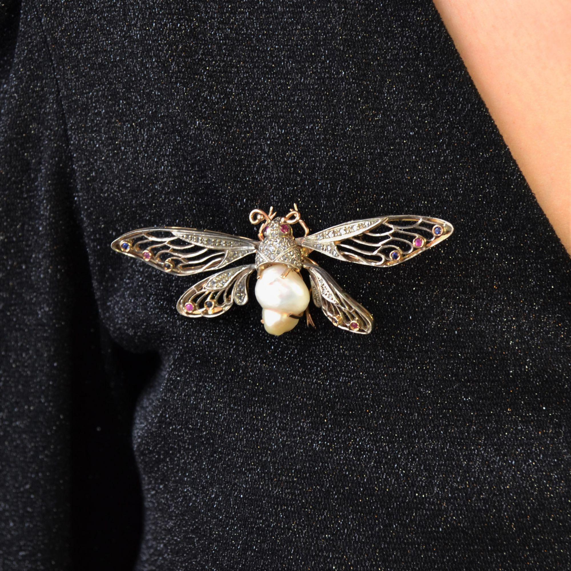 Retro 1950s Baroque Pearl Sapphires Rubies Yellow Gold Butterfly Articulated Brooch For Sale