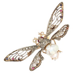 Retro 1950s Baroque Pearl Sapphires Rubies Yellow Gold Butterfly Articulated Brooch