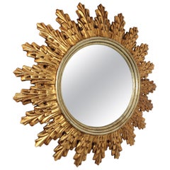1950s Baroque Style Spanish Silver and Gold Leaf Giltwood Sunburst Mirror