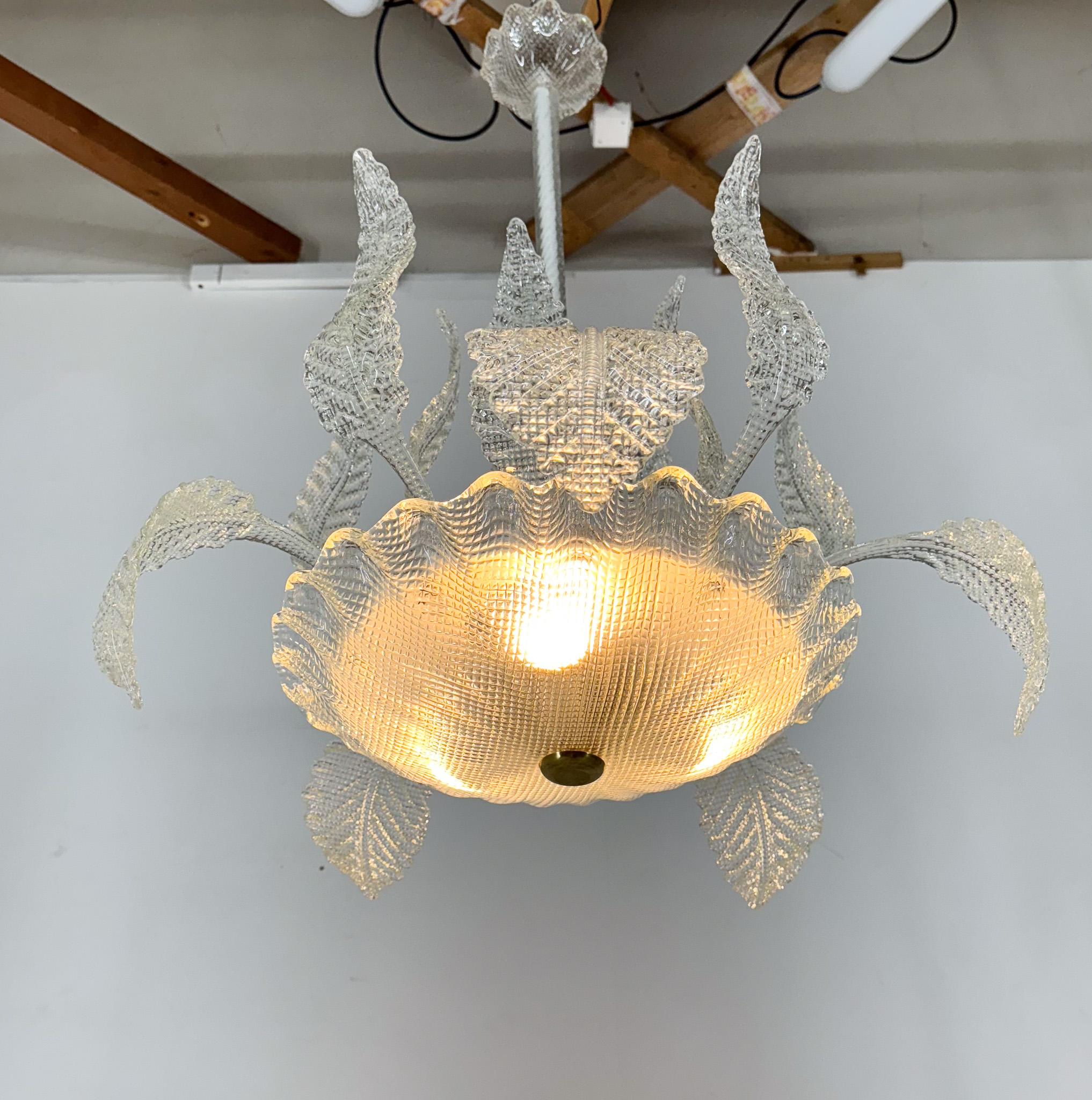 Italian 1950's Barovier & Toso Murano Glass and Brass Chandelier  For Sale