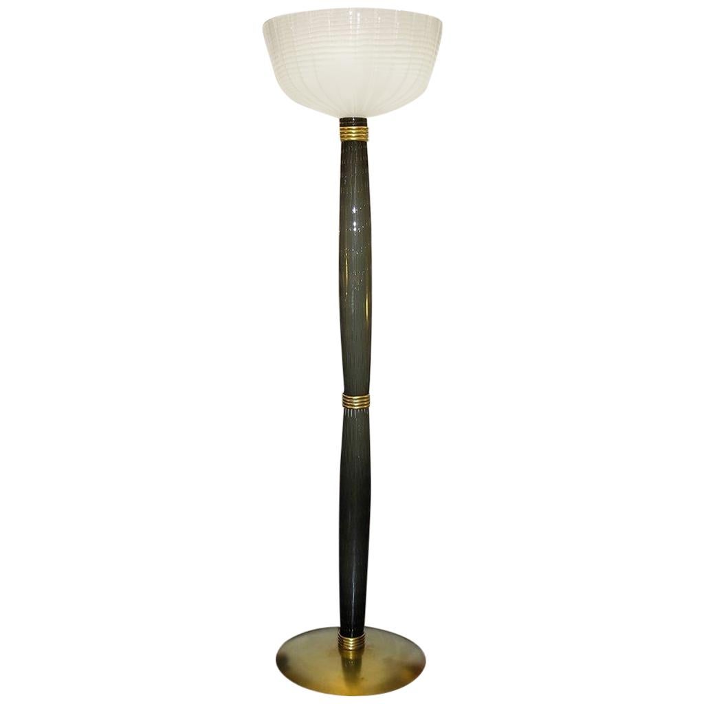 1950s Barovier Toso Olive Grey White Murano Glass Floor Lamp on Round Brass Base