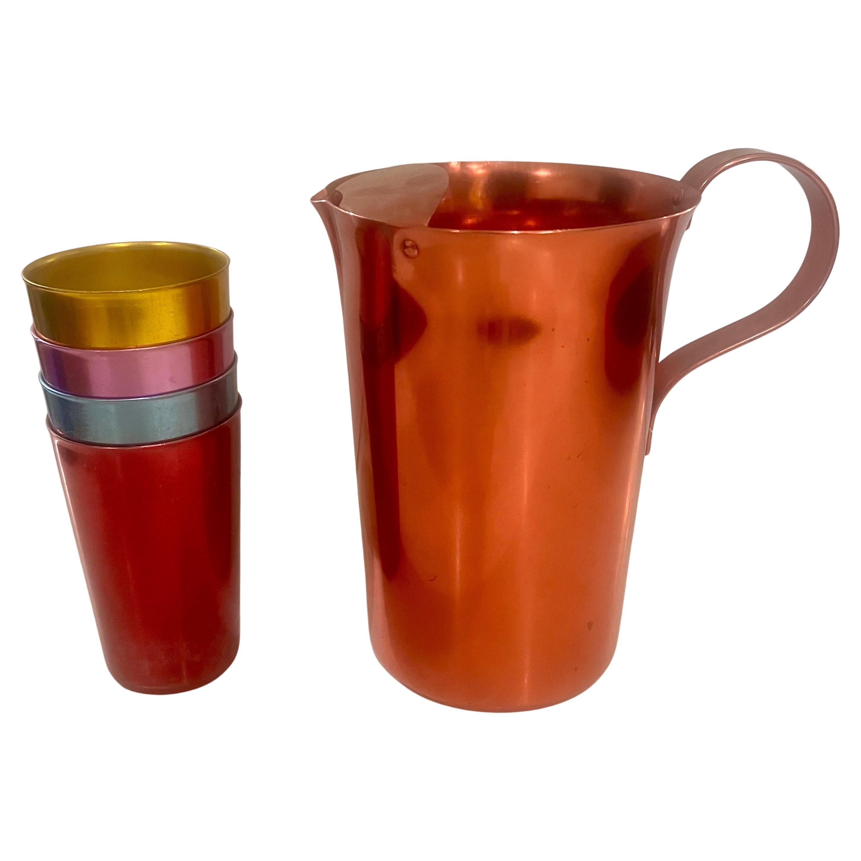 Great classic set of 1950 Bascal Annodized Aluminum Pitcher And 4  cups beautiful colorful , no dents light wear due to age.