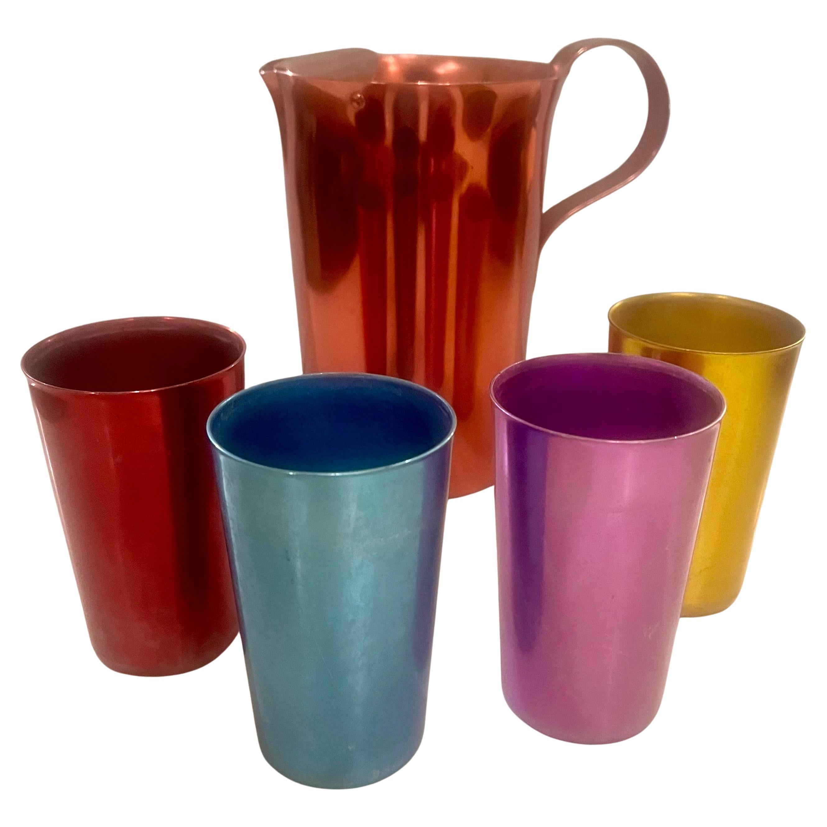 American 1950's Bascal Annodized Aluminum Pitcher And 4 Cups Mid Century Atomic Age For Sale